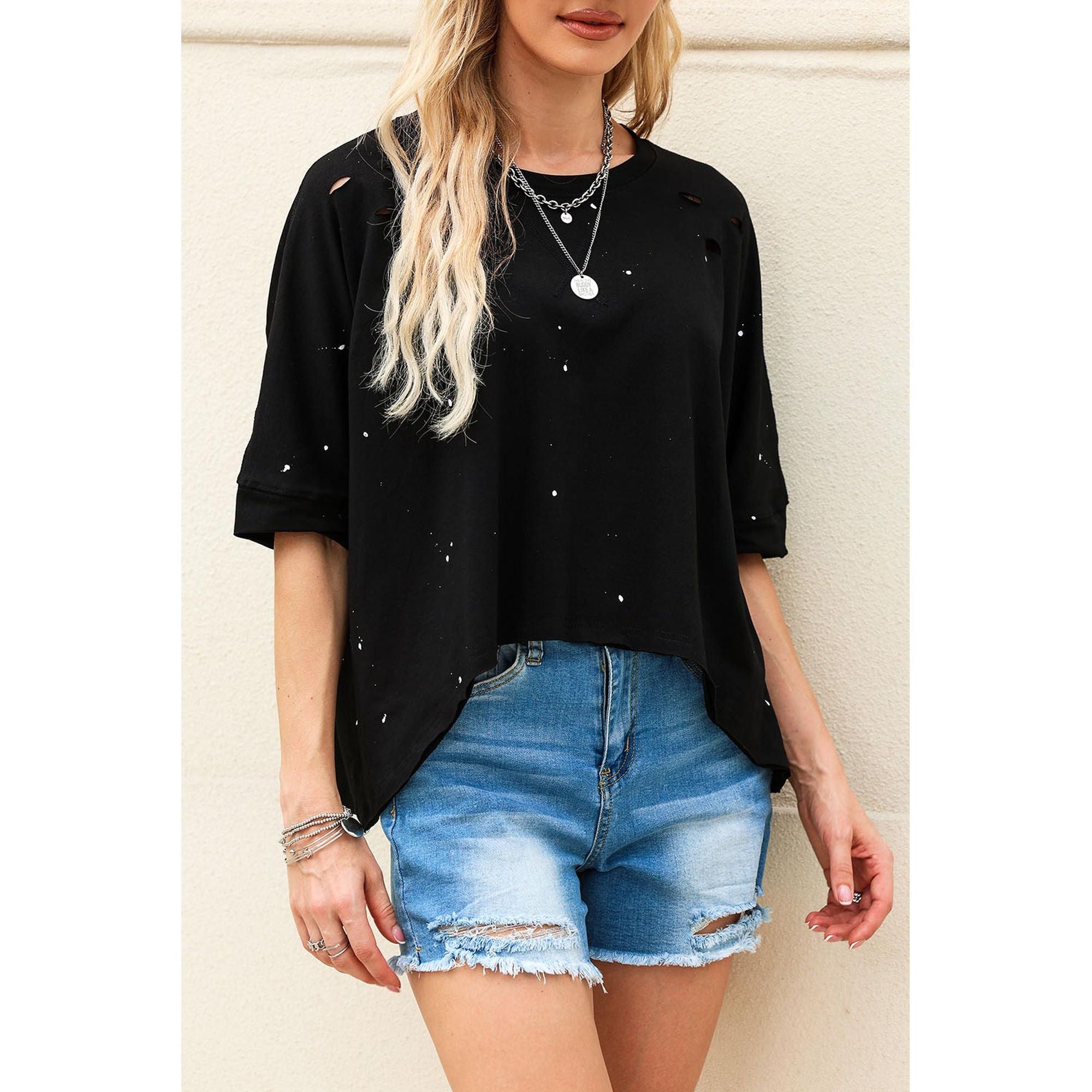 Azura Exchange Bleached Distressed Asymmetric Hem Tee - M