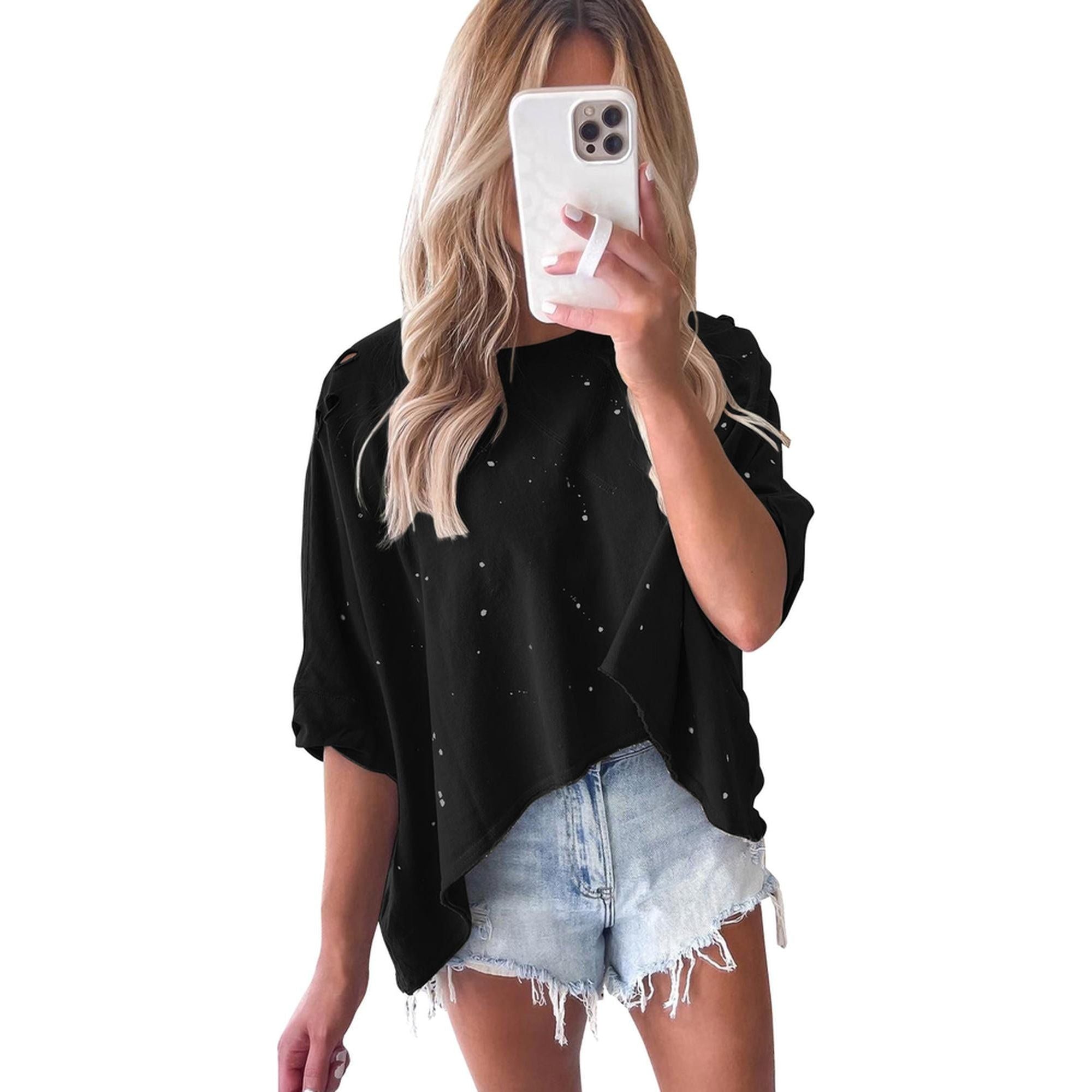 Azura Exchange Bleached Distressed Asymmetric Hem Tee - S