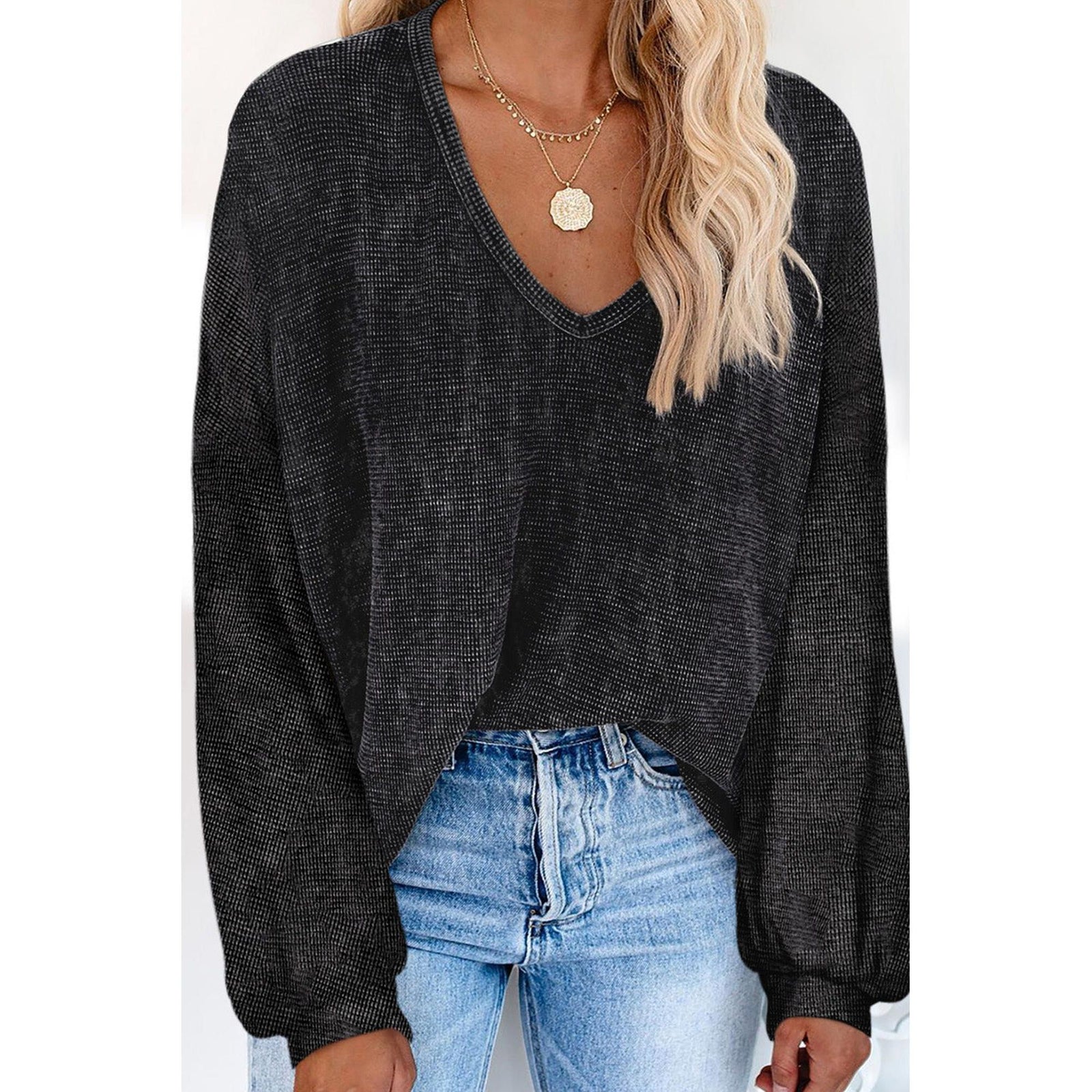 Azura Exchange Black Waffle Knit V Neck Long Sleeve Tunic Top - L