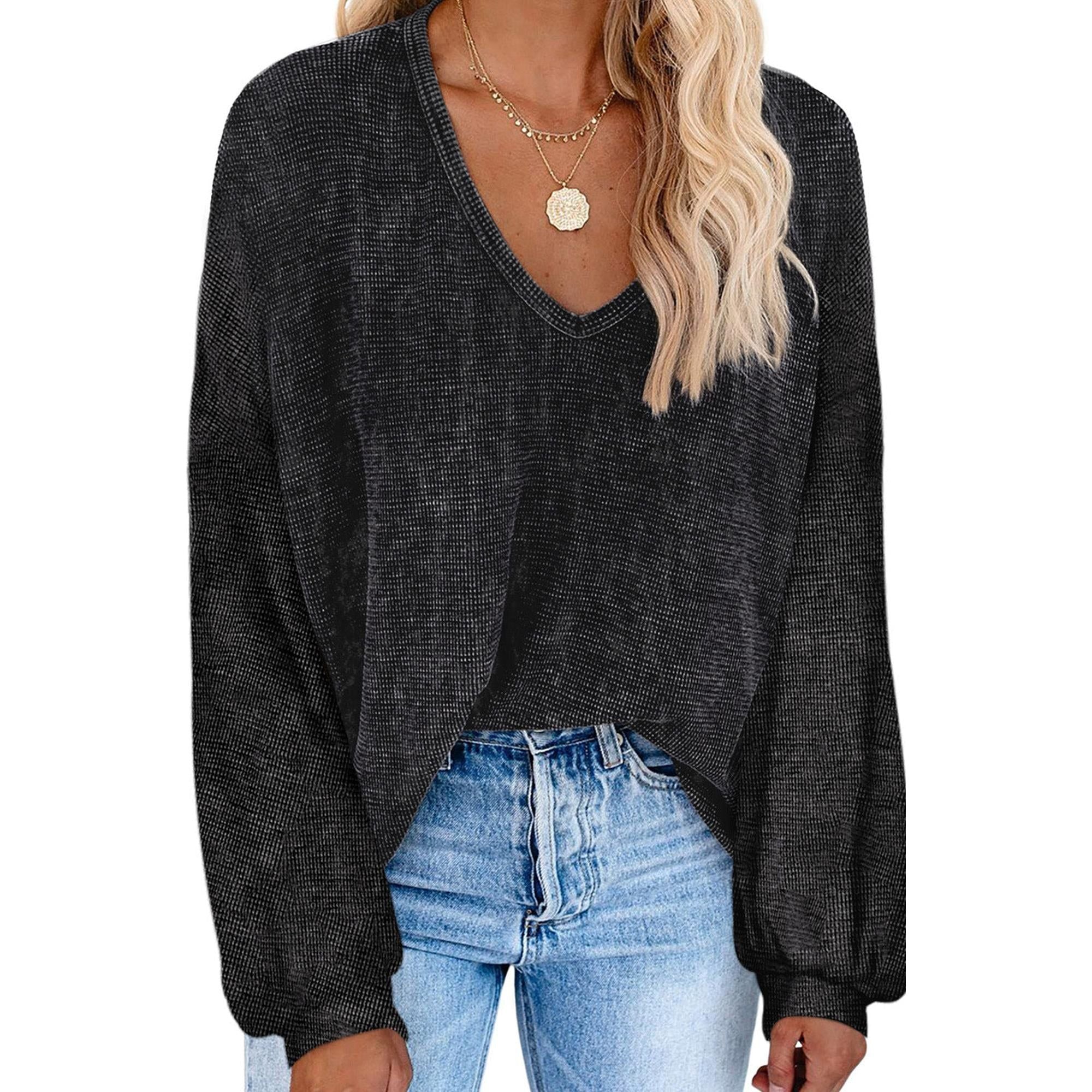 Azura Exchange Black Waffle Knit V Neck Long Sleeve Tunic Top - M