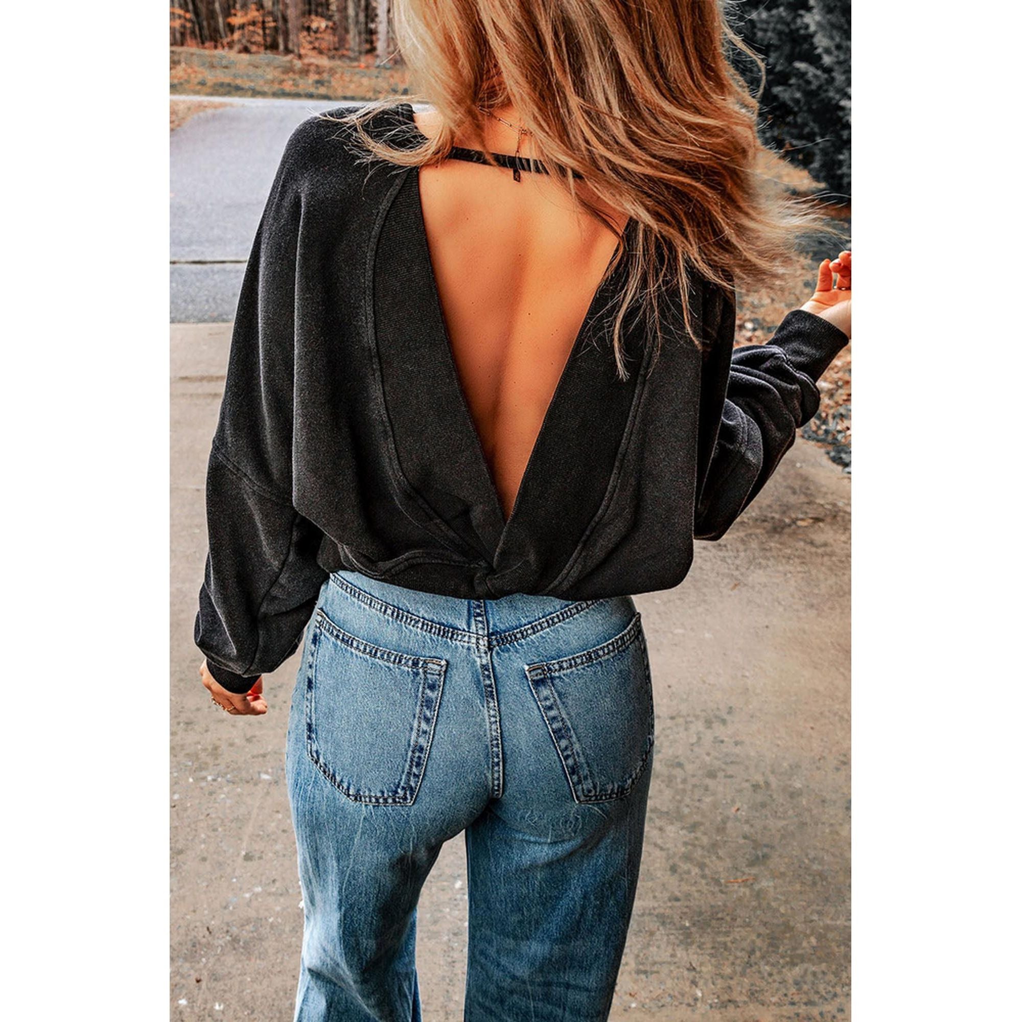 Azura Exchange Acid Wash Open Back Sweatshirt - M