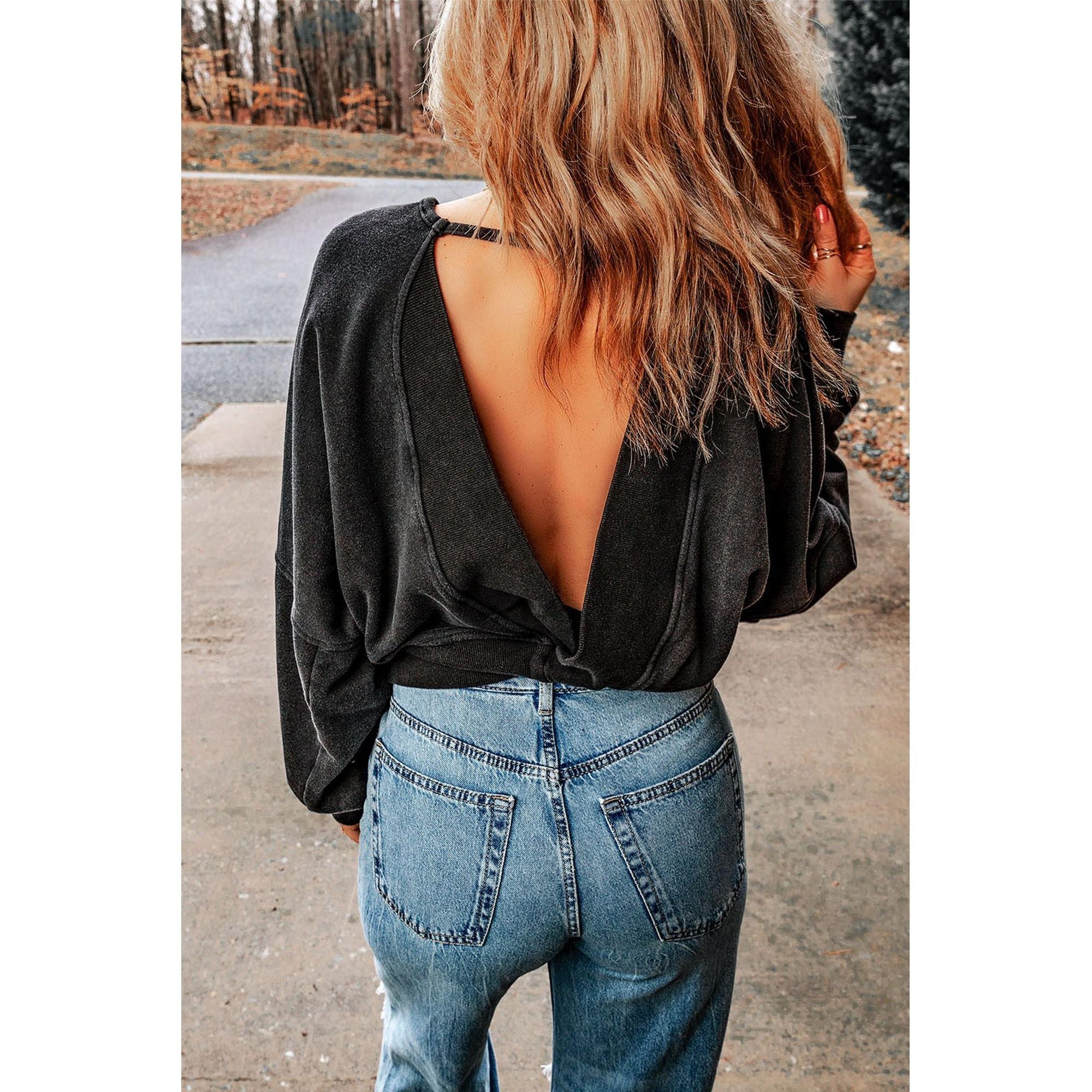 Azura Exchange Acid Wash Open Back Sweatshirt - M