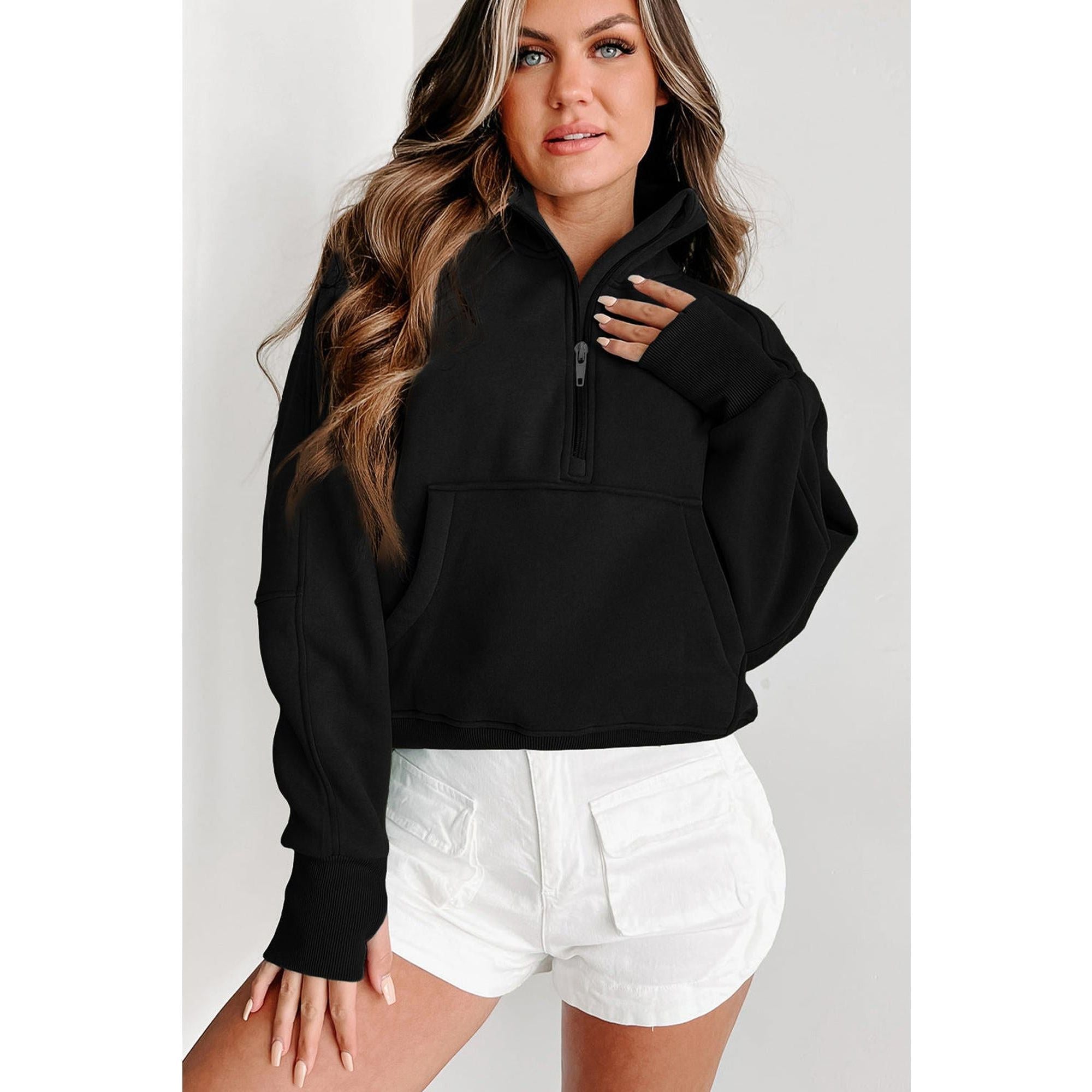 Azura Exchange Black Ribbed Thumbhole Sleeve Sweatshirt - L