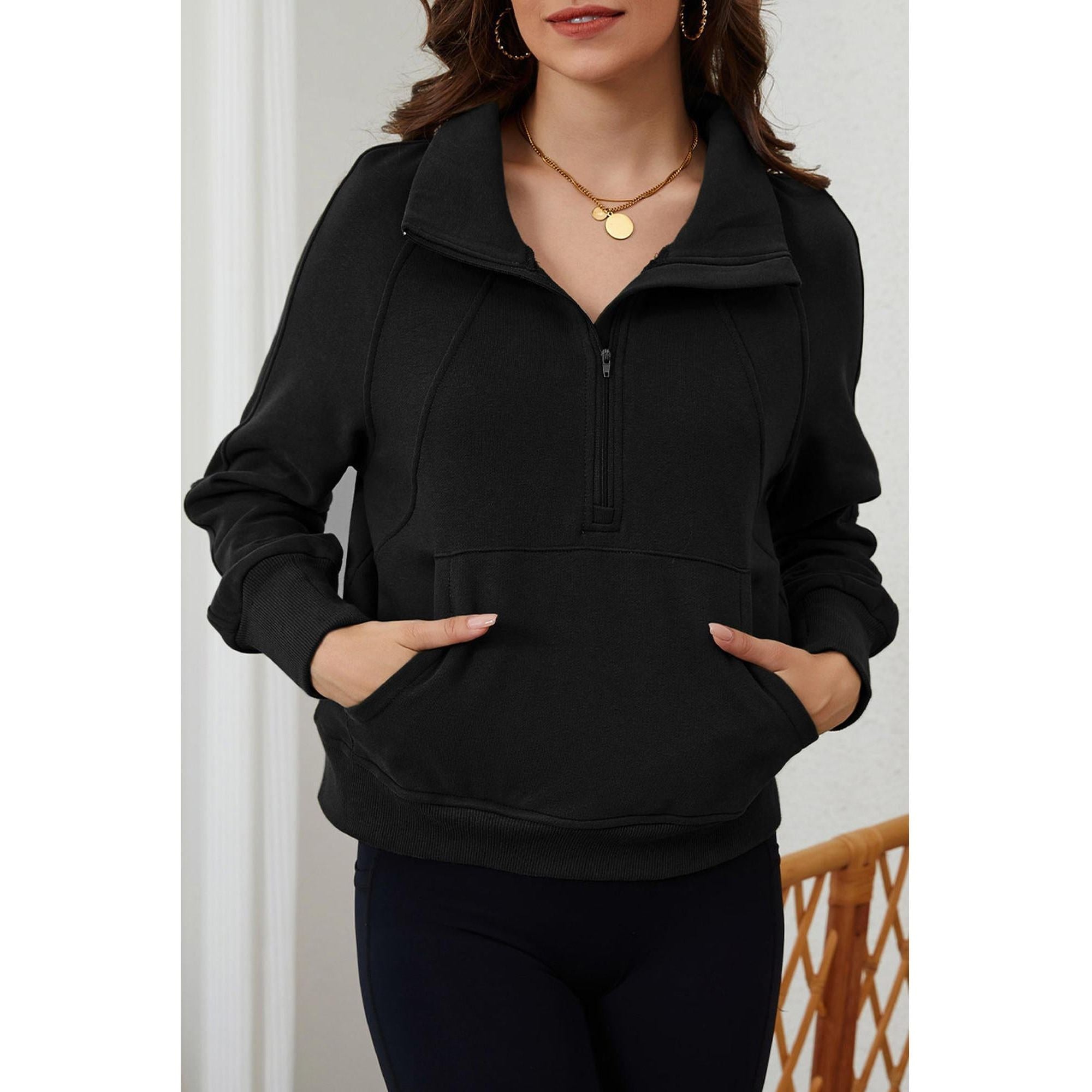 Azura Exchange Black Ribbed Thumbhole Sleeve Sweatshirt - L