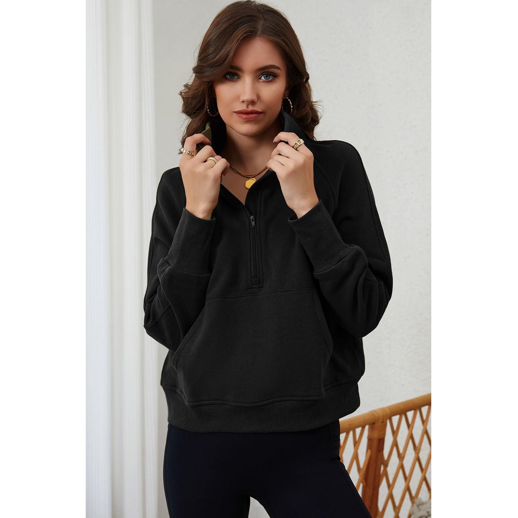 Azura Exchange Black Ribbed Thumbhole Sleeve Sweatshirt - L