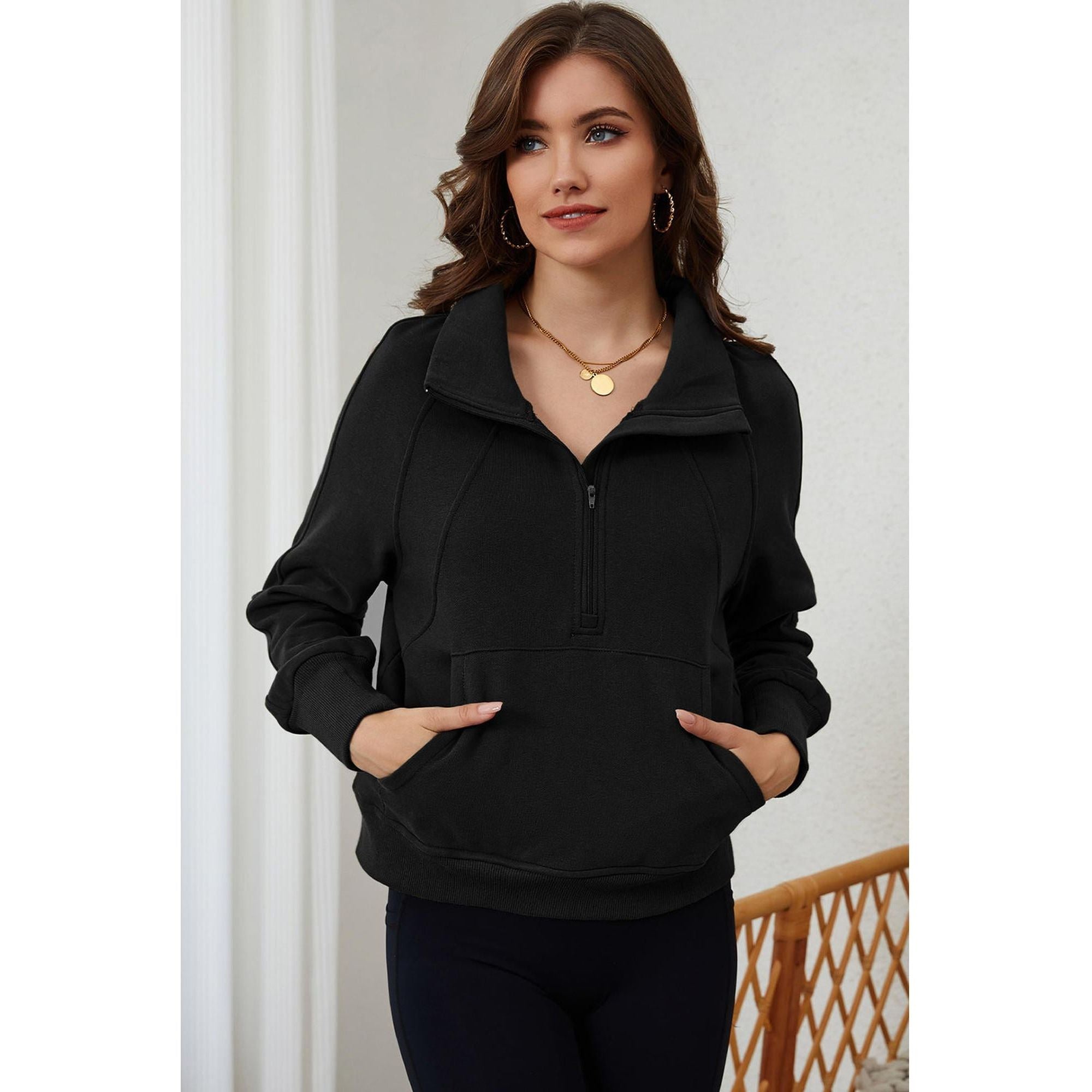 Azura Exchange Black Ribbed Thumbhole Sleeve Sweatshirt - L