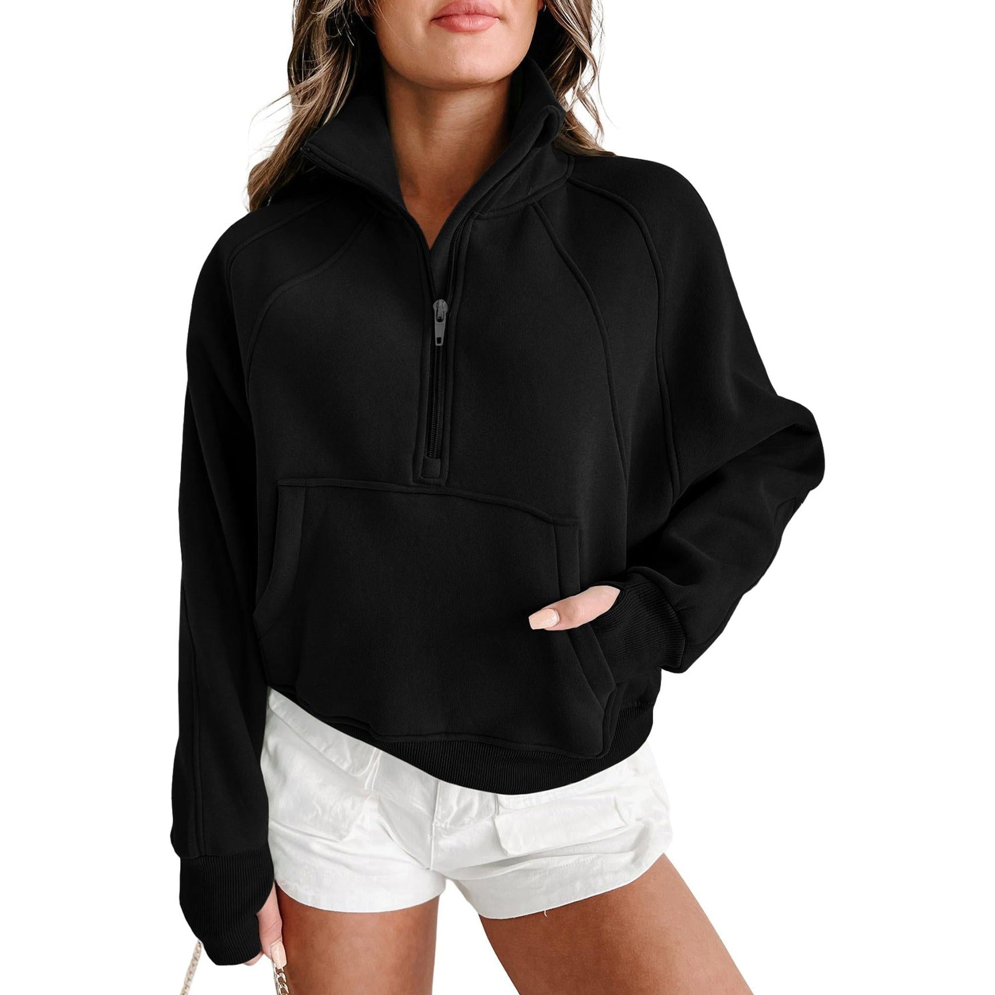 Azura Exchange Black Ribbed Thumbhole Sleeve Sweatshirt - L