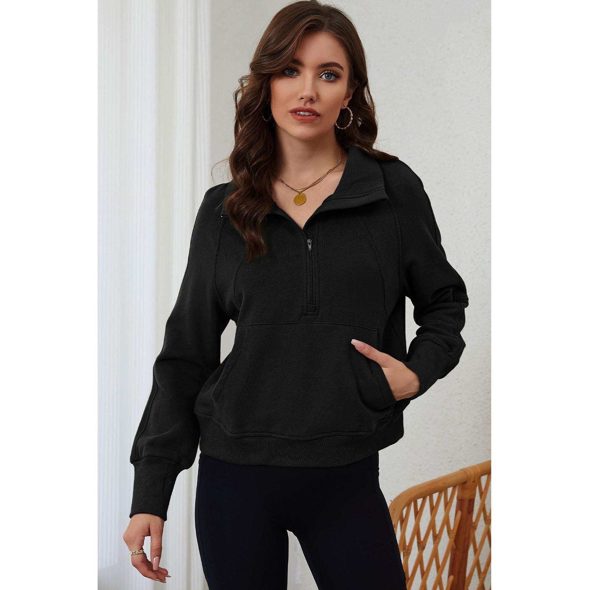 Azura Exchange Black Ribbed Thumbhole Sleeve Sweatshirt - S