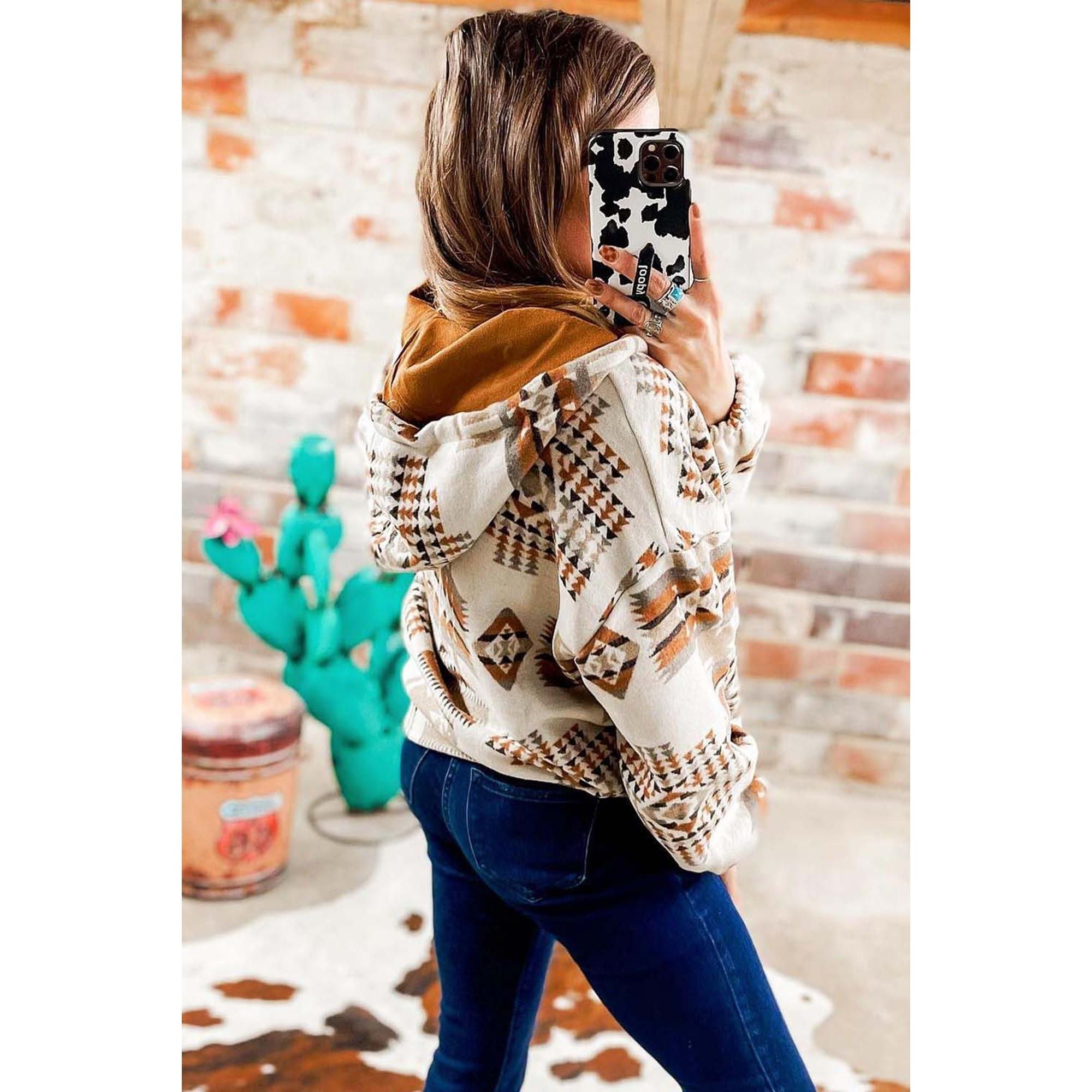 Azura Exchange Beige Aztec Print Half-Zip Hoodie with Kangaroo Pocket - L