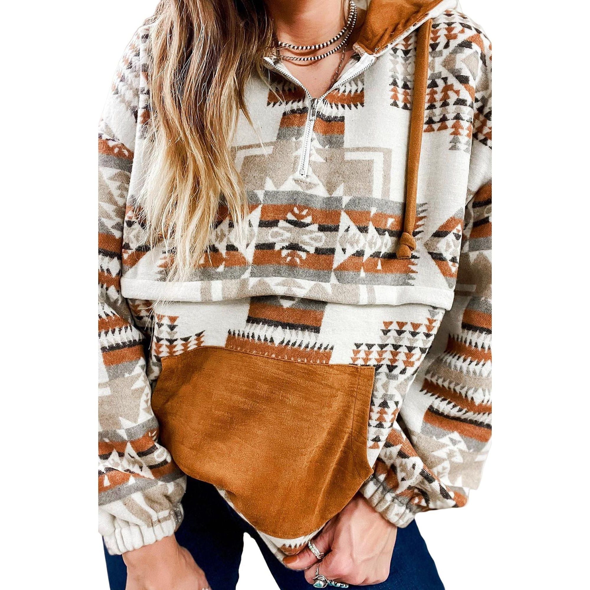 Azura Exchange Beige Aztec Print Half-Zip Hoodie with Kangaroo Pocket - L