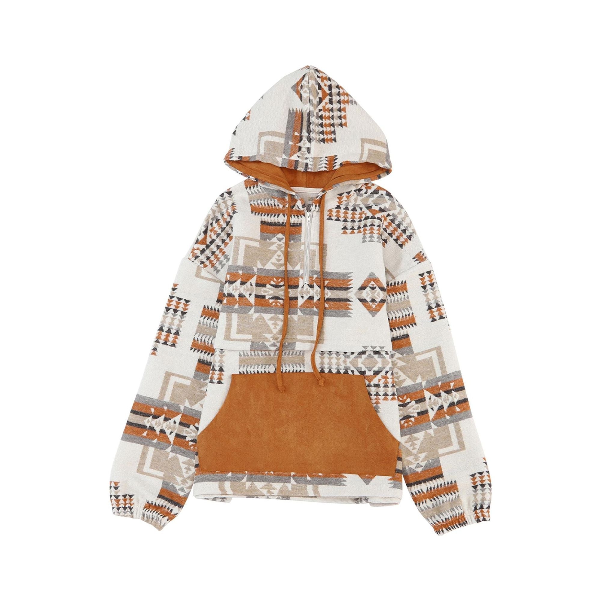 Azura Exchange Beige Aztec Print Half-Zip Hoodie with Kangaroo Pocket - L