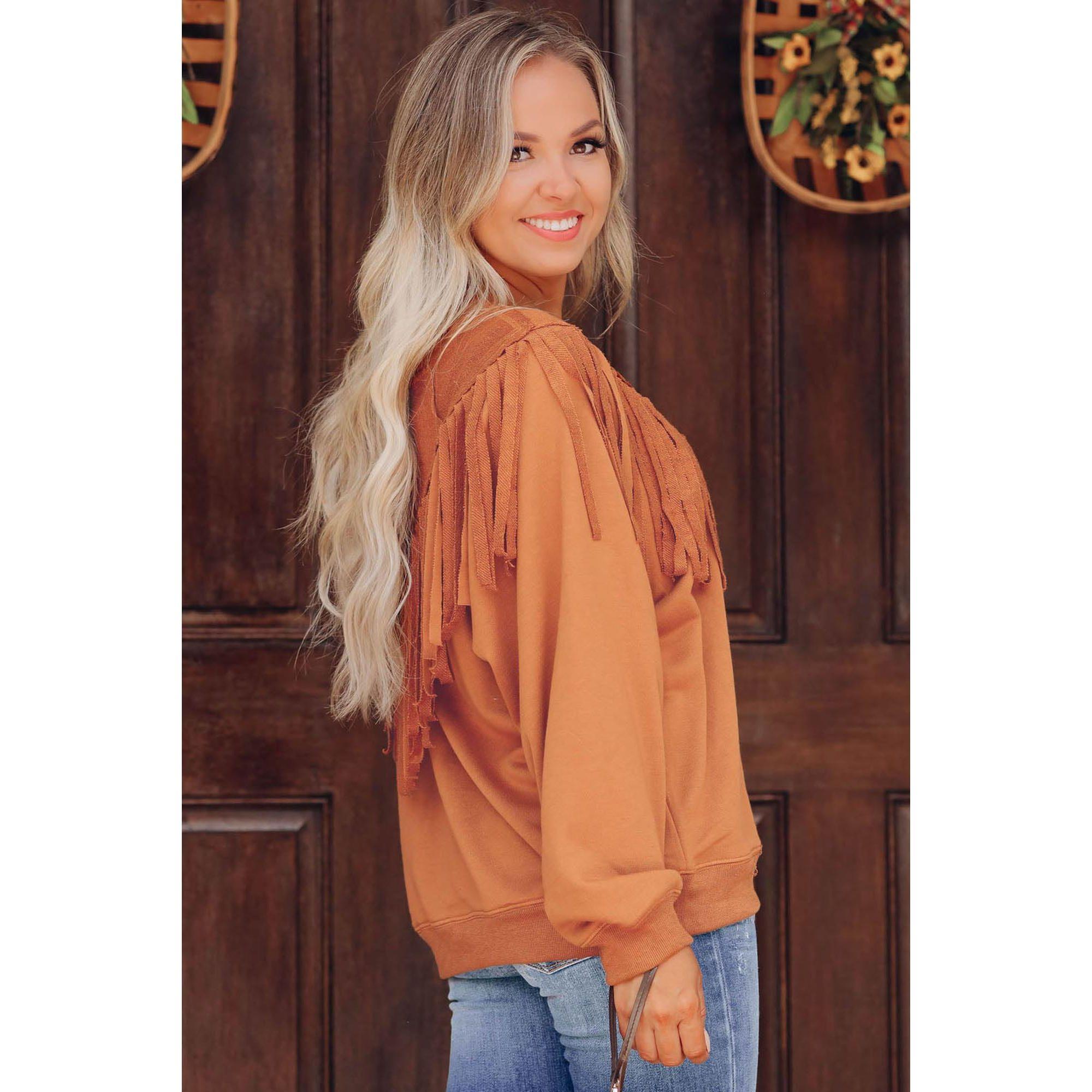 Azura Exchange Brown Chevron Fringe Loose Pullover Sweatshirt - M