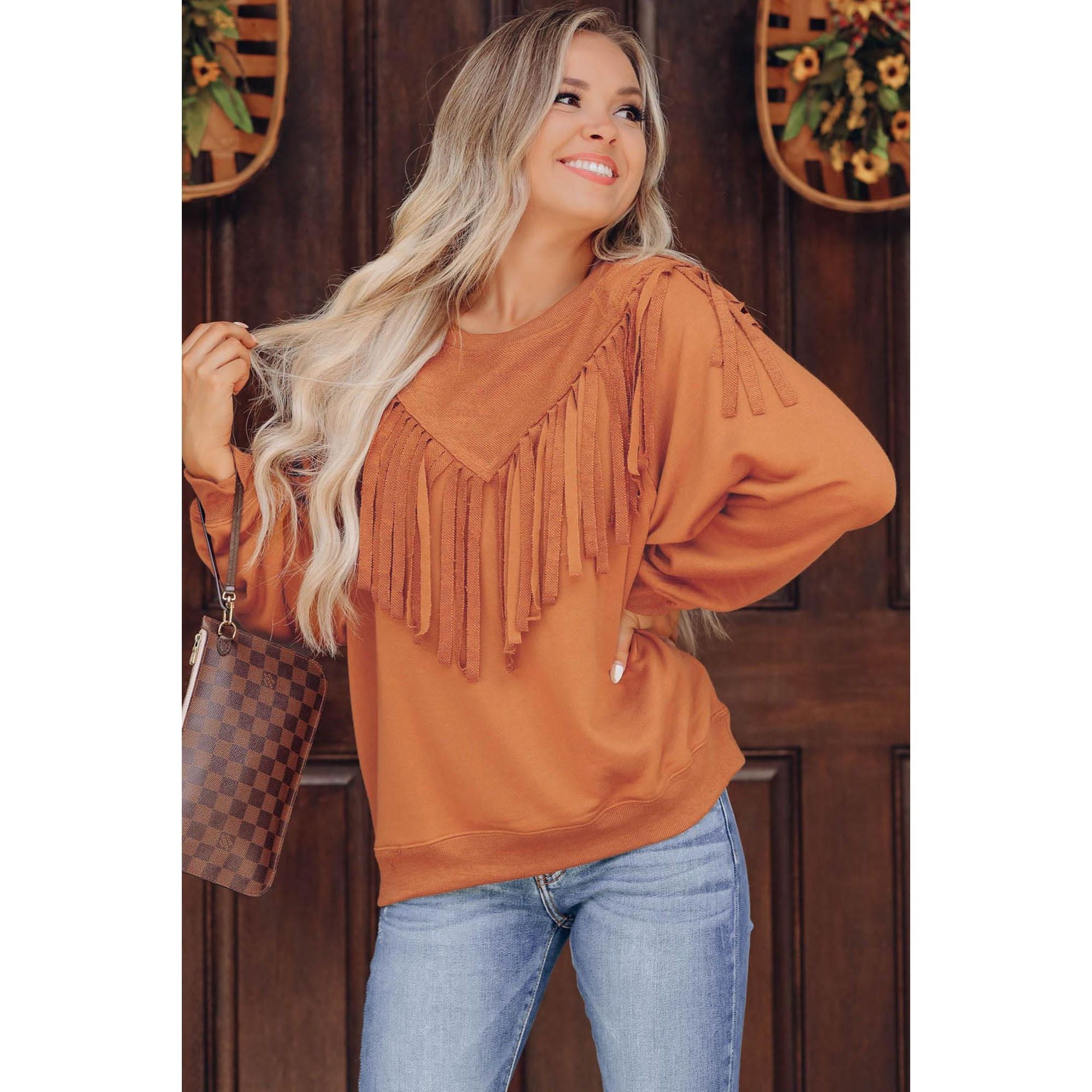 Azura Exchange Brown Chevron Fringe Loose Pullover Sweatshirt - M