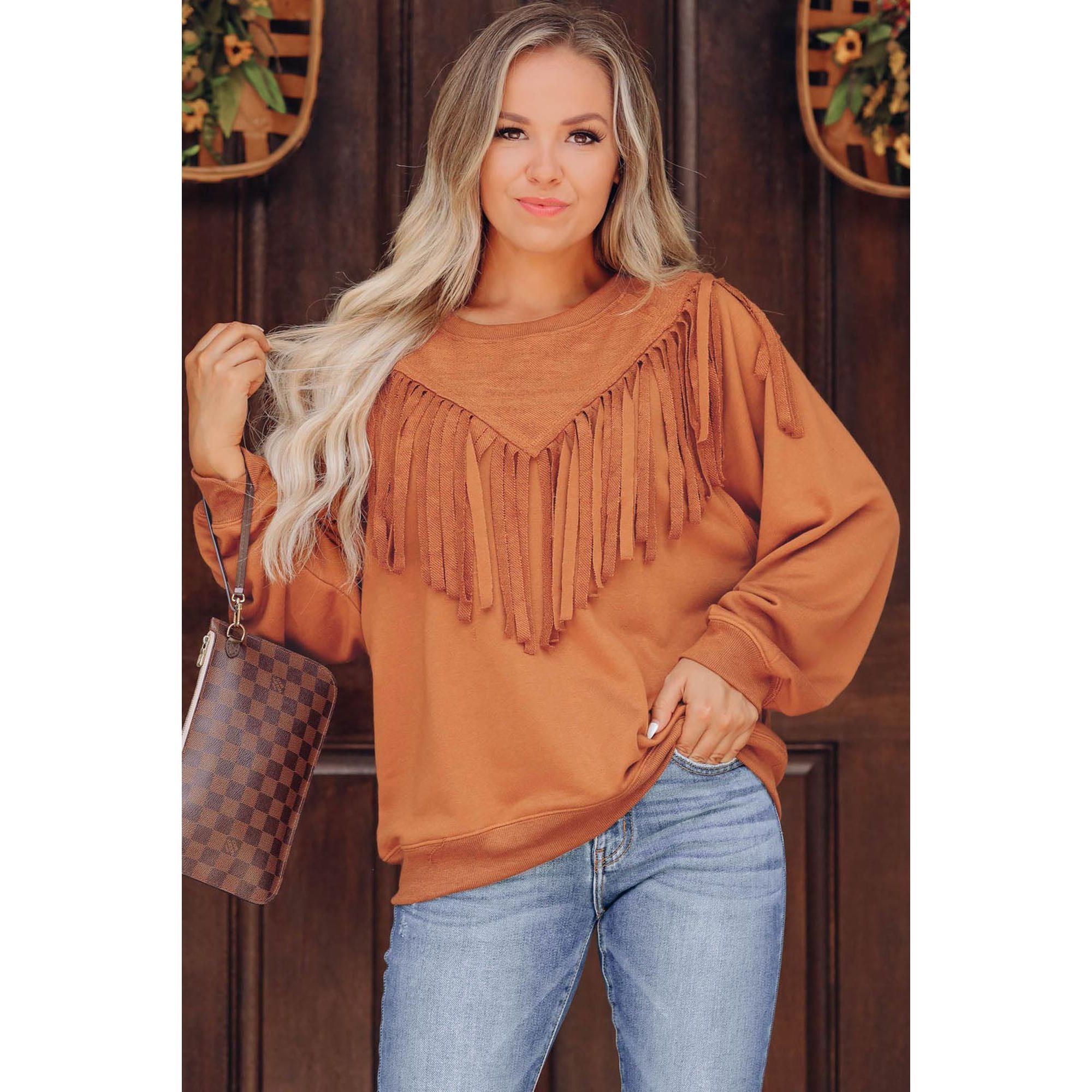 Azura Exchange Brown Chevron Fringe Loose Pullover Sweatshirt - M