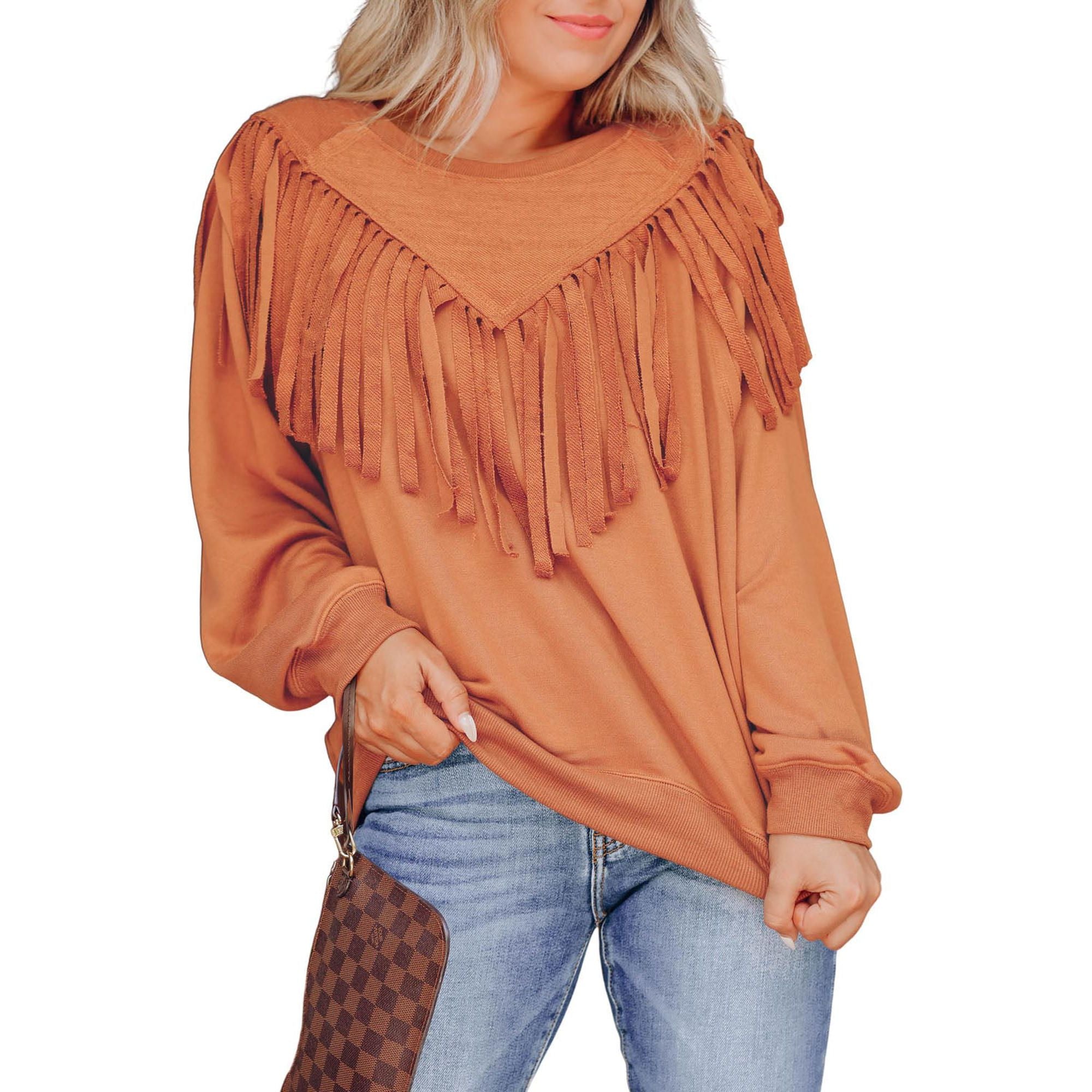 Azura Exchange Brown Chevron Fringe Loose Pullover Sweatshirt - M