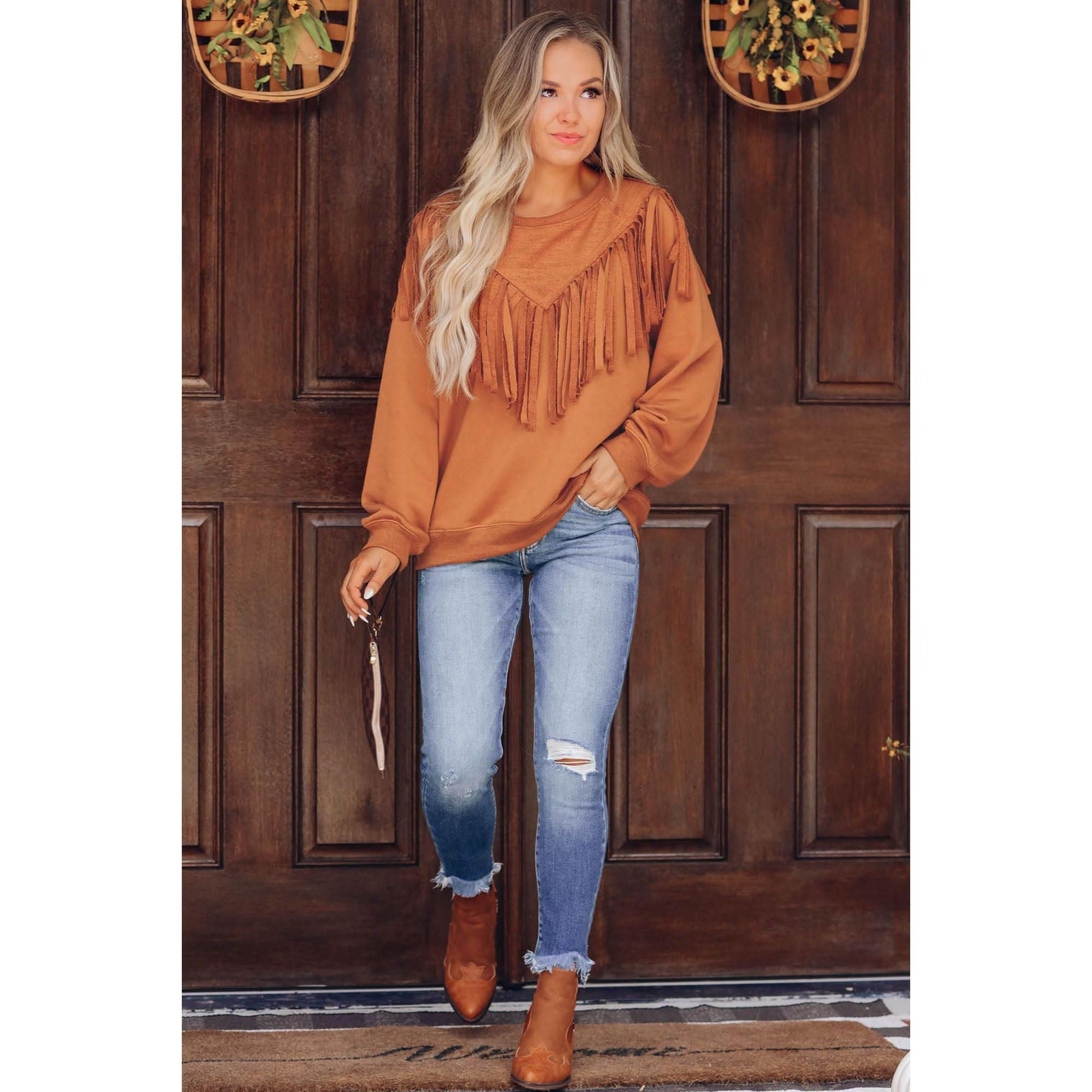 Azura Exchange Brown Chevron Fringe Loose Pullover Sweatshirt - S