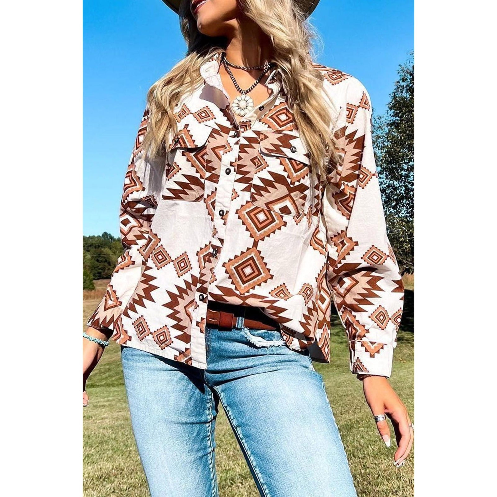 Azura Exchange Button Flap Pocket Shirt with Western Aztec Pattern - L