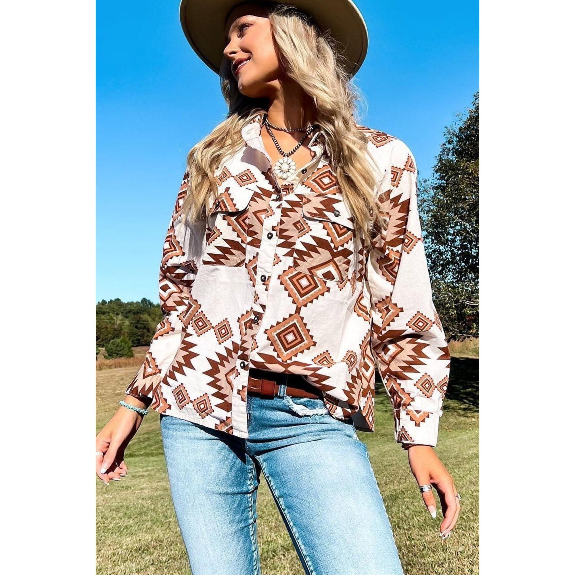 Azura Exchange Button Flap Pocket Shirt with Western Aztec Pattern - L