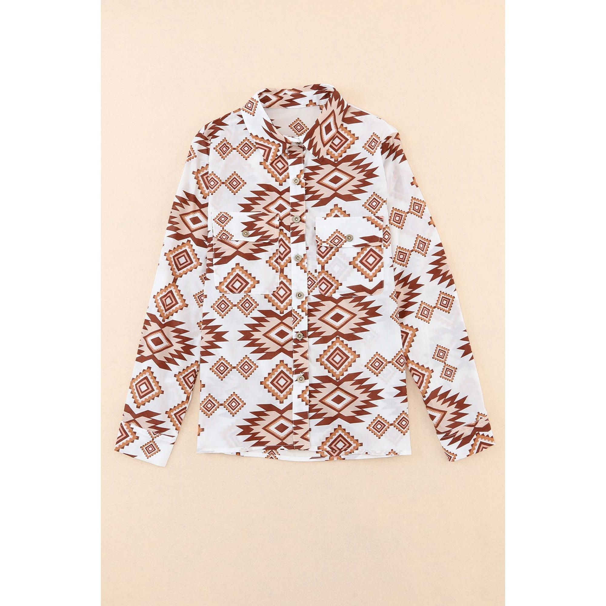 Azura Exchange Button Flap Pocket Shirt with Western Aztec Pattern - L