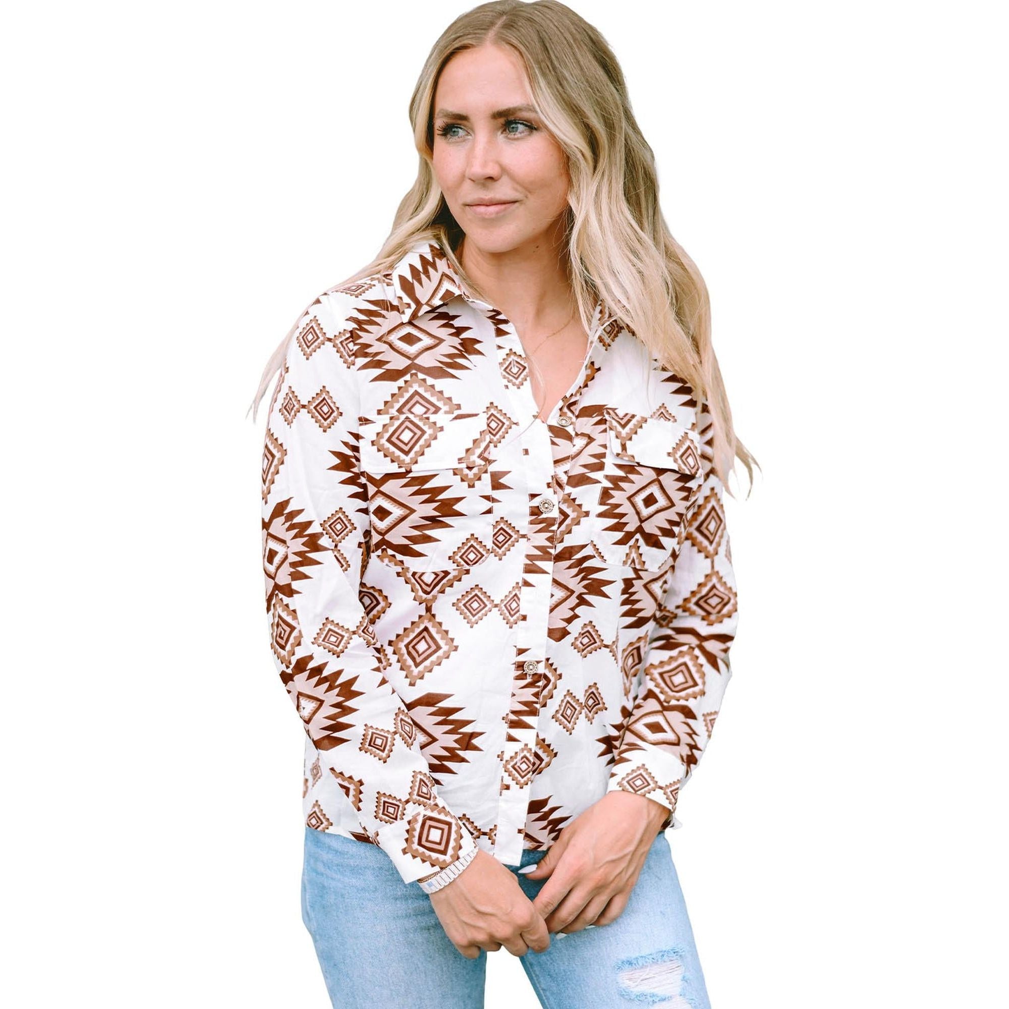 Azura Exchange Button Flap Pocket Shirt with Western Aztec Pattern - L