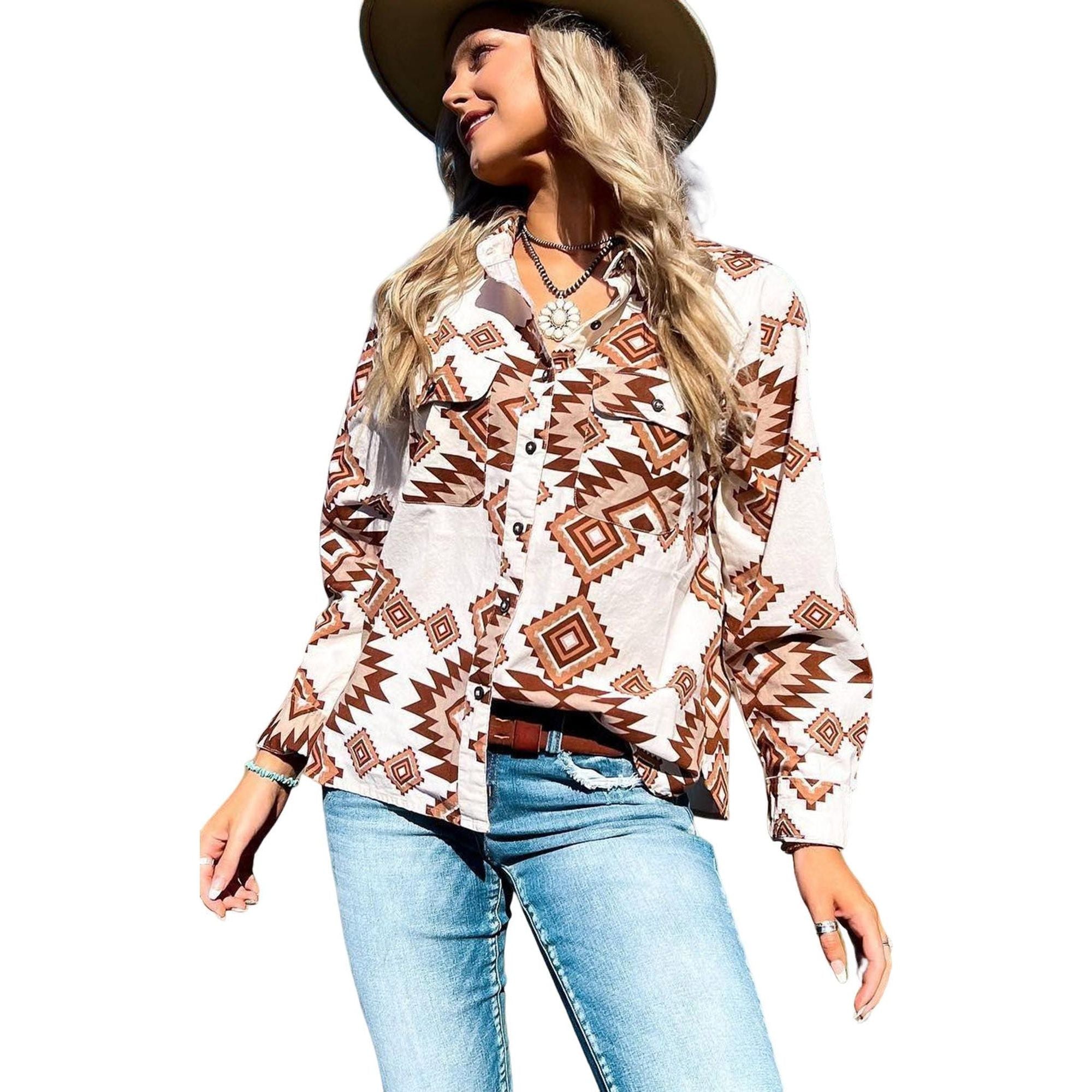 Azura Exchange Button Flap Pocket Shirt with Western Aztec Pattern - M