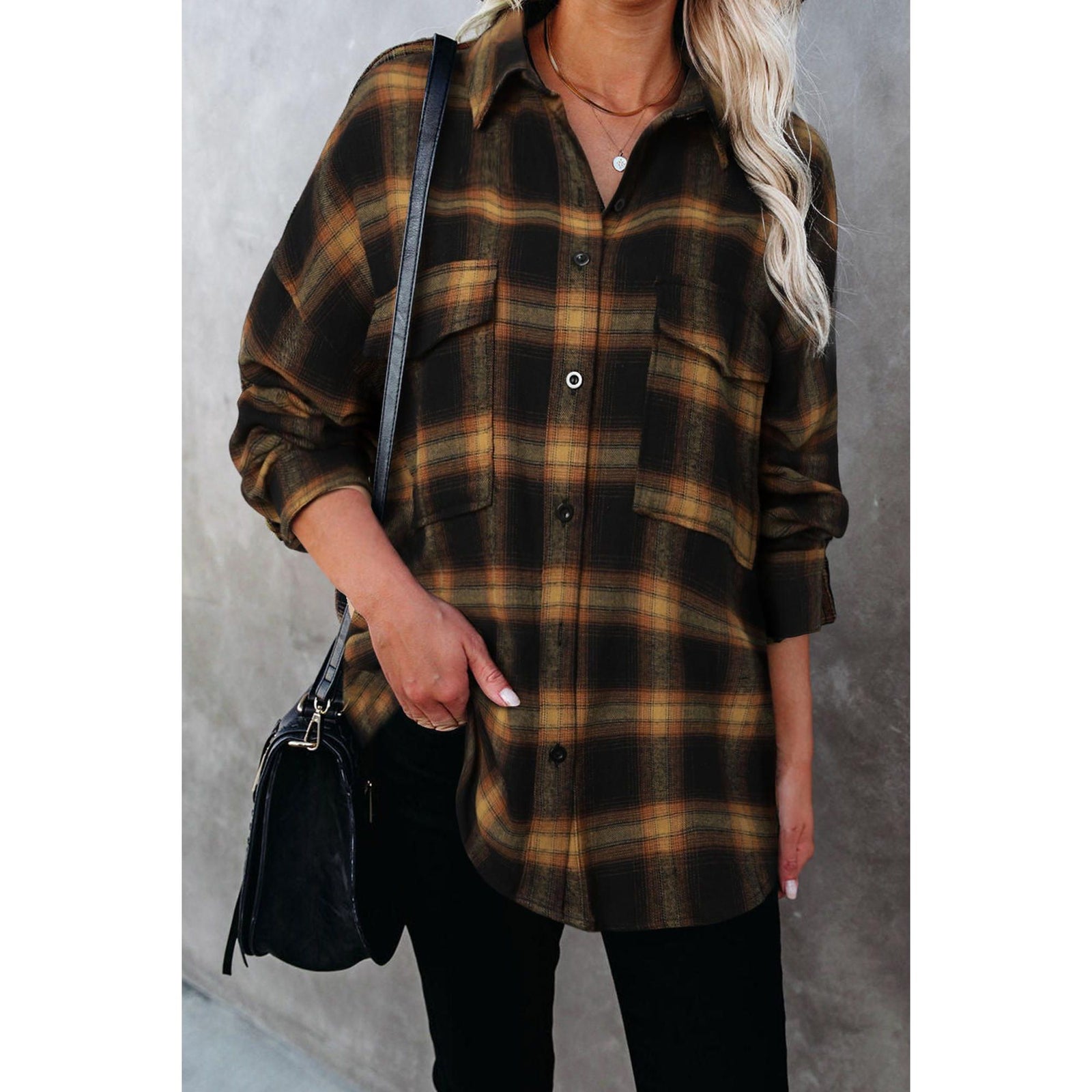 Azura Exchange Brown Plaid Pattern Flap Pockets Casual Shirt - L