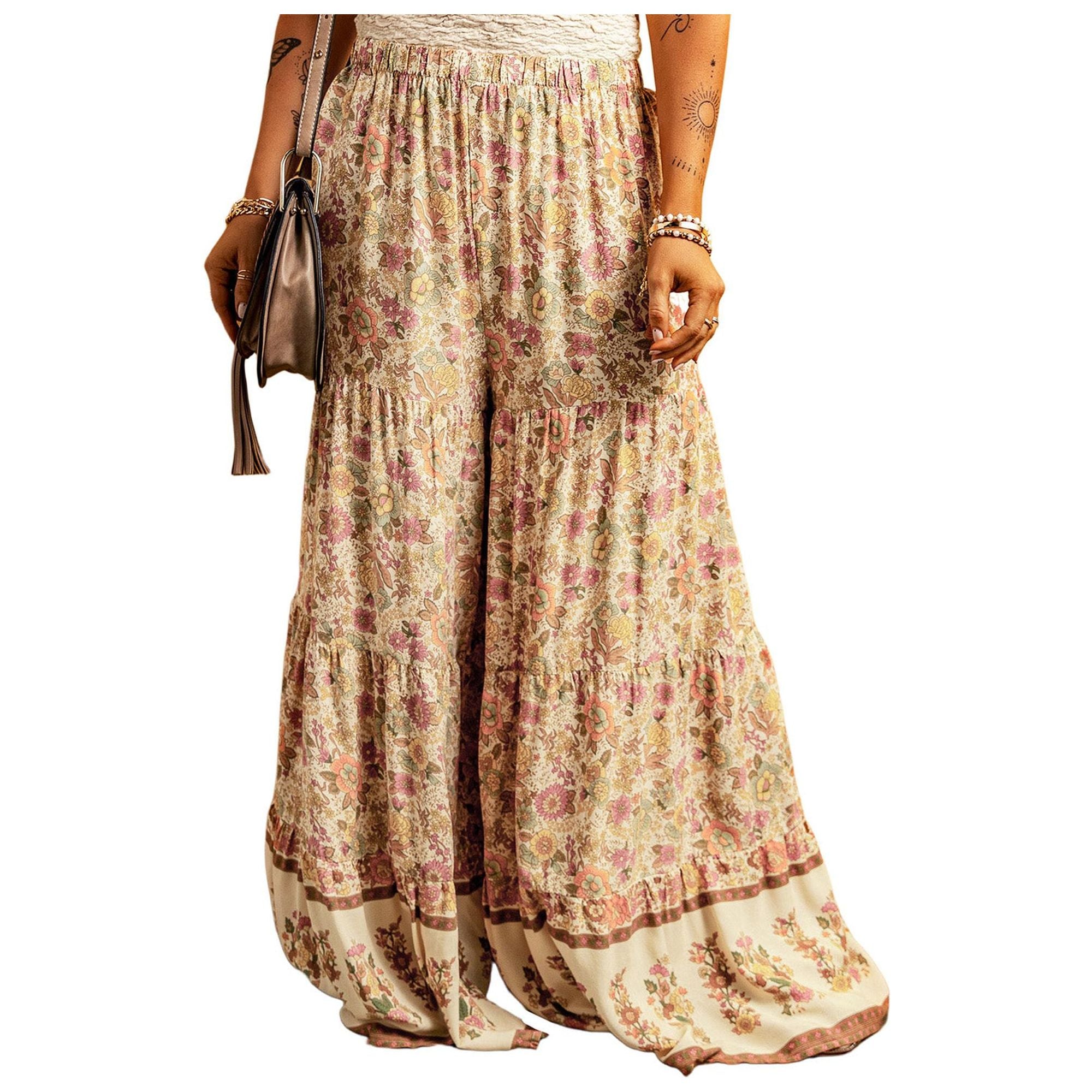 Azura Exchange Boho Floral Patchwork Wide Leg Pants - L