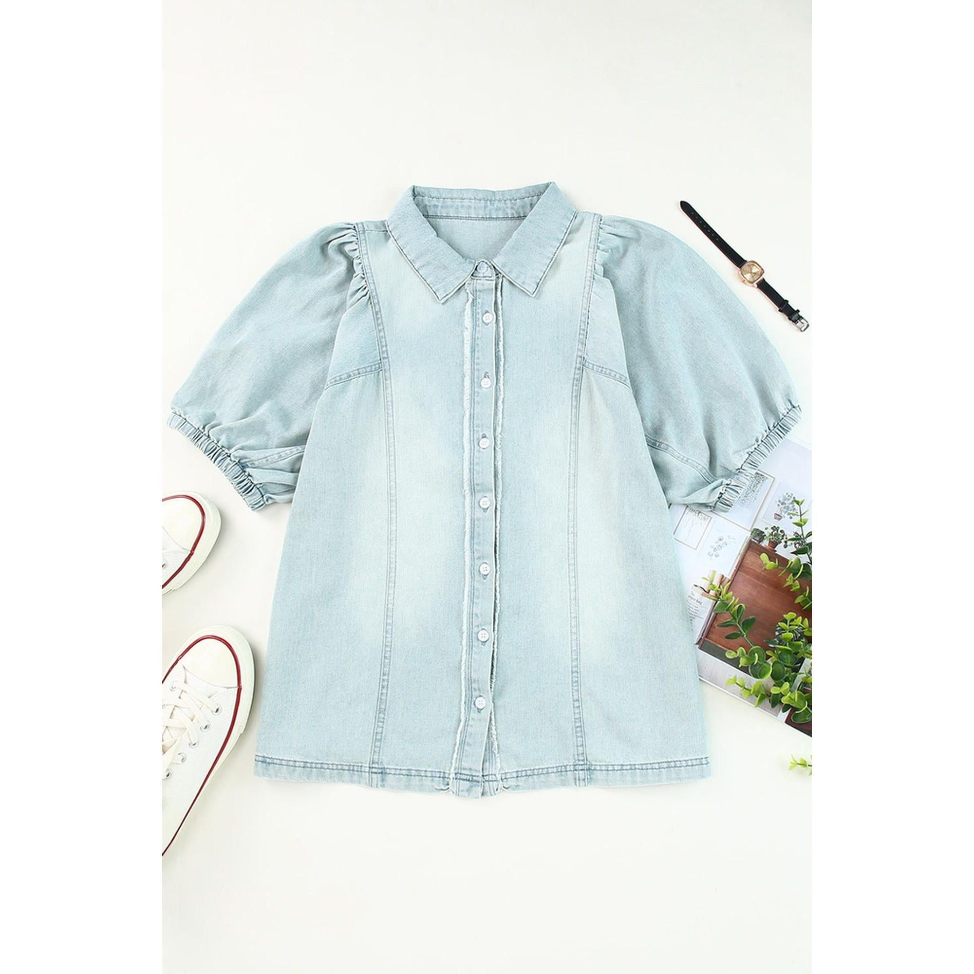 Azura Exchange Bubble Sleeve Denim Shirt - L