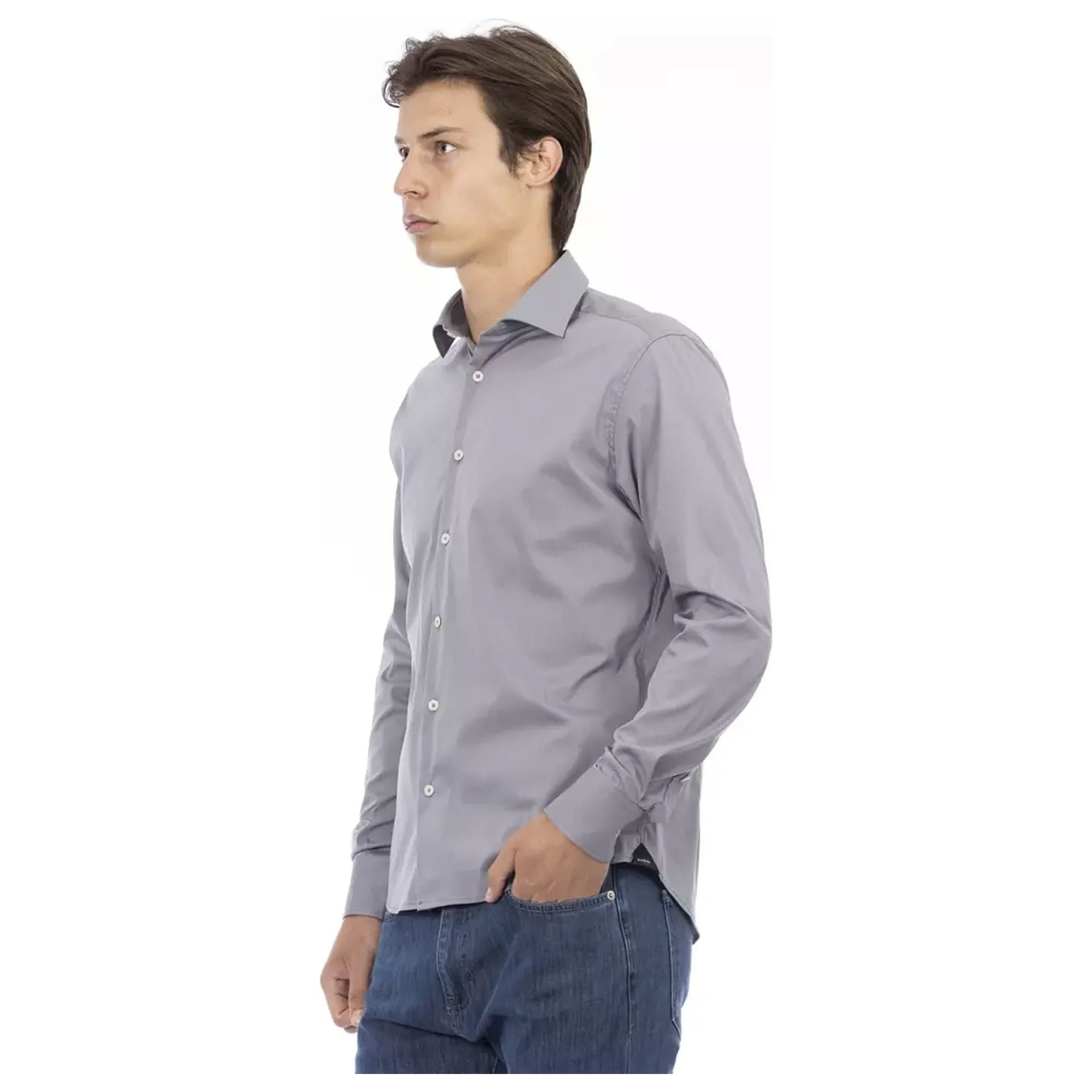 Slim Fit Button Front Shirt with Italian Collar and Logo Insert 44 IT Men