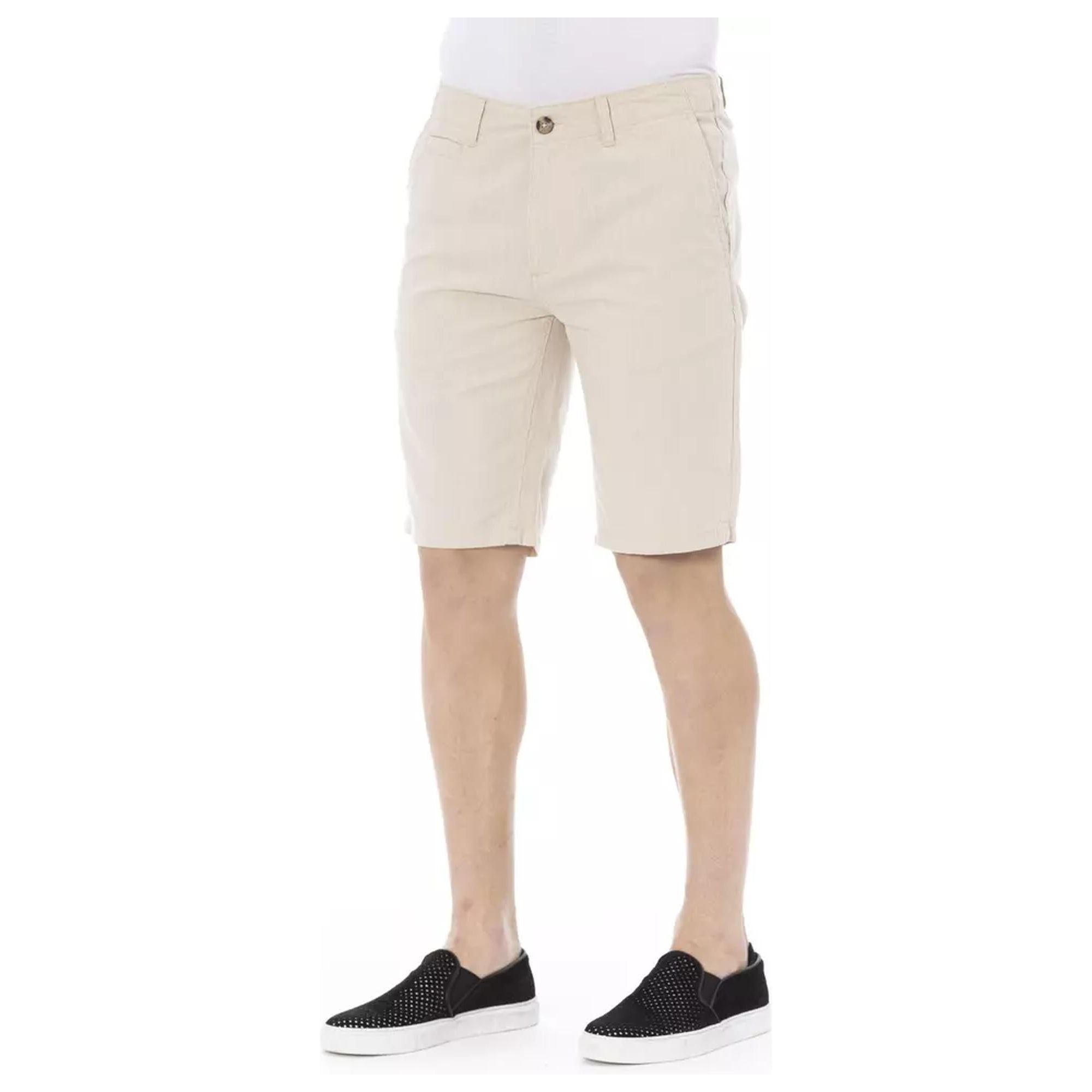 Solid Color Bermuda Shorts with Front Zipper and Button Closure.