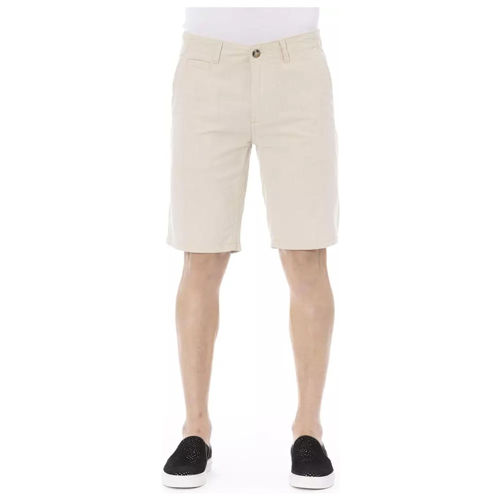 Solid Color Bermuda Shorts with Front Zipper and Button Closure.