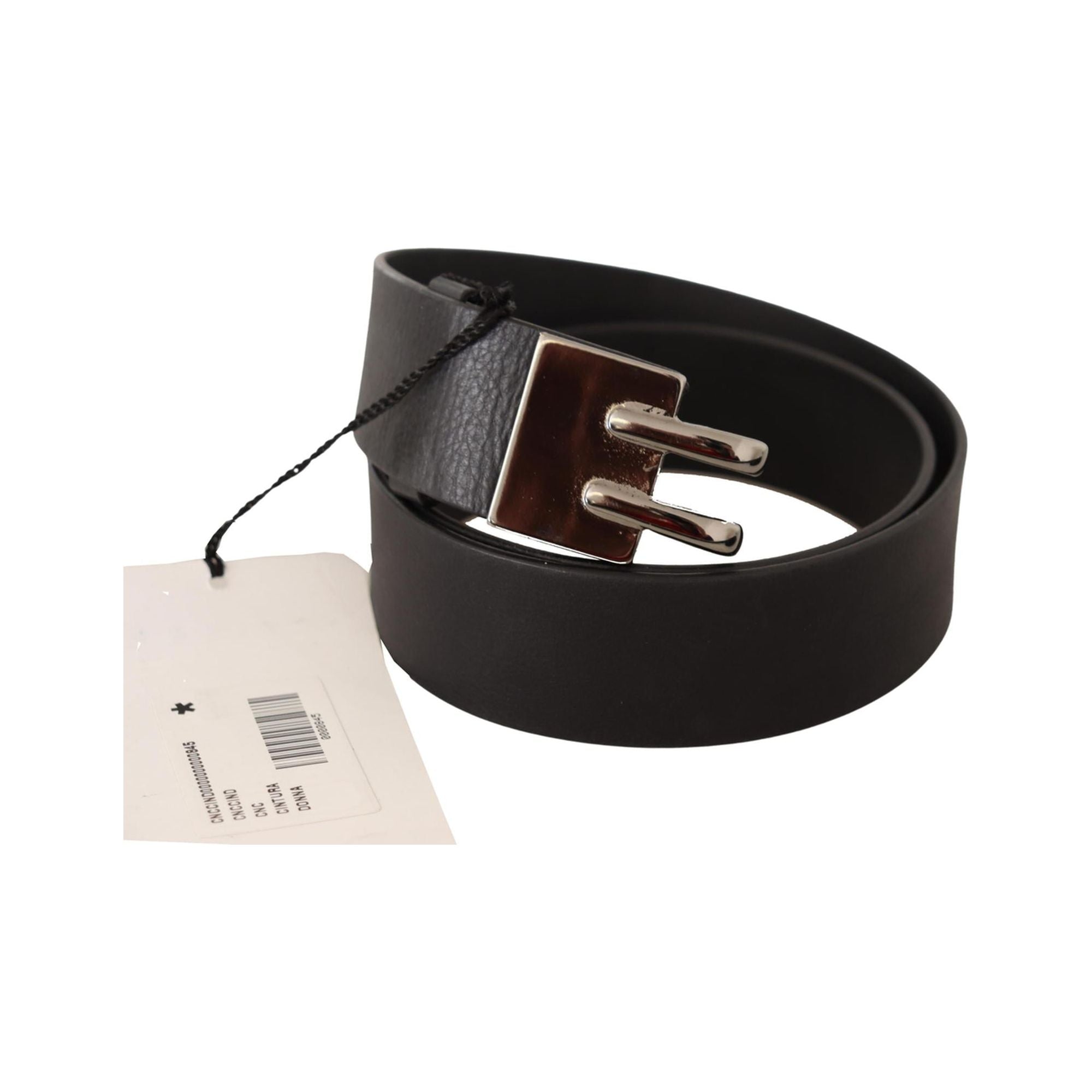 Classic Black Leather Belt with Silver-tone Hardware 85 cm Women