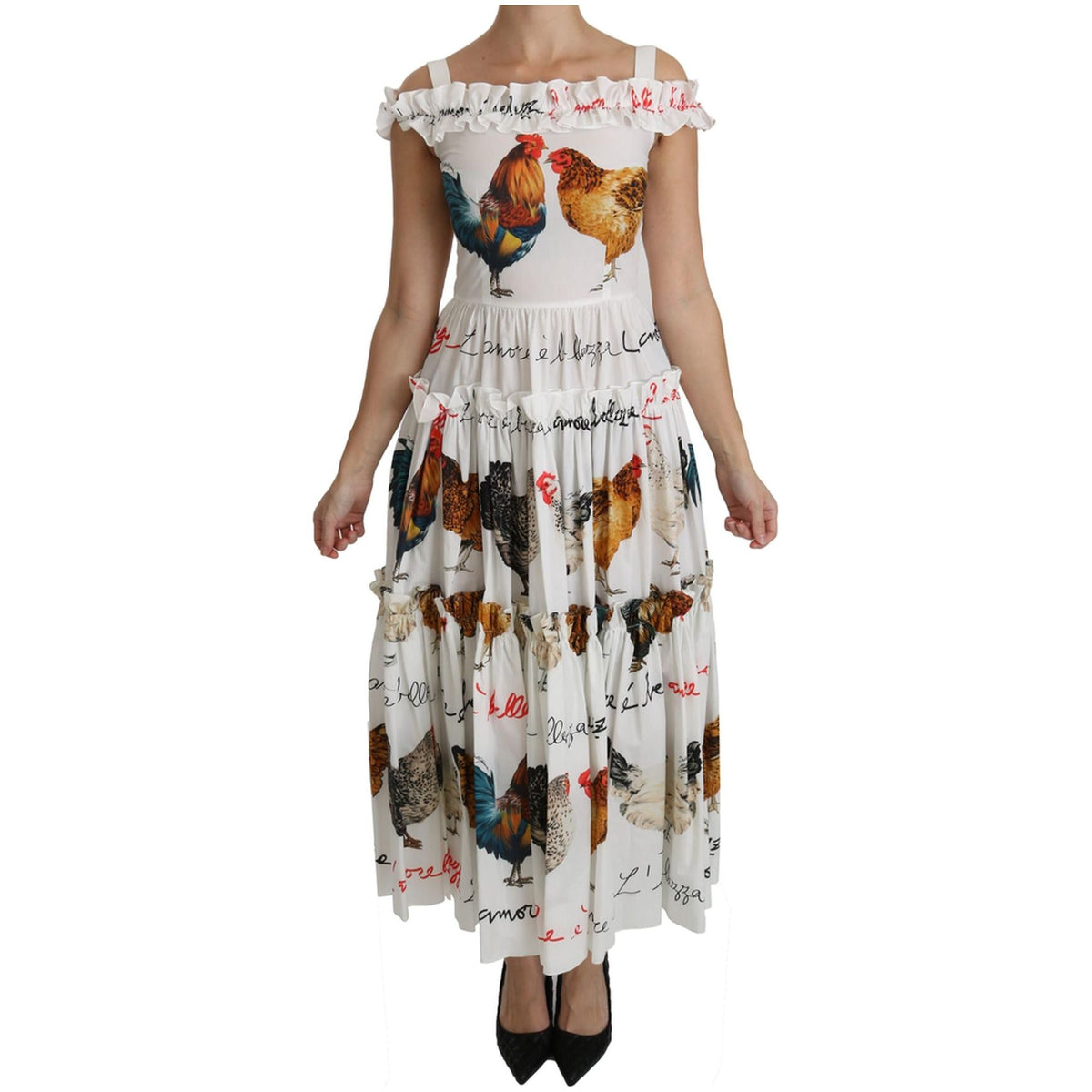 100% Authentic Dolce &amp;amp; Gabbana Sheath Midi Dress with Rooster Print 38 IT Women