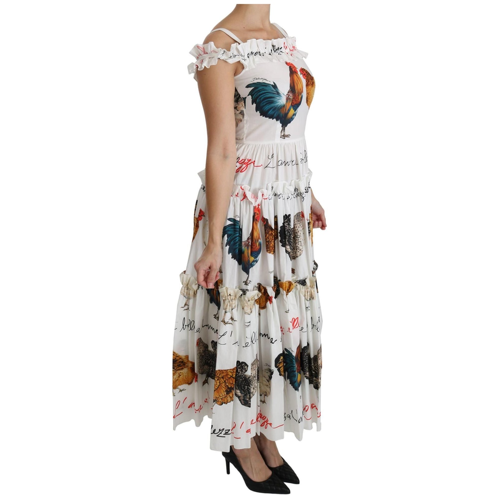 100% Authentic Dolce &amp; Gabbana Sheath Midi Dress with Rooster Print 38 IT Women