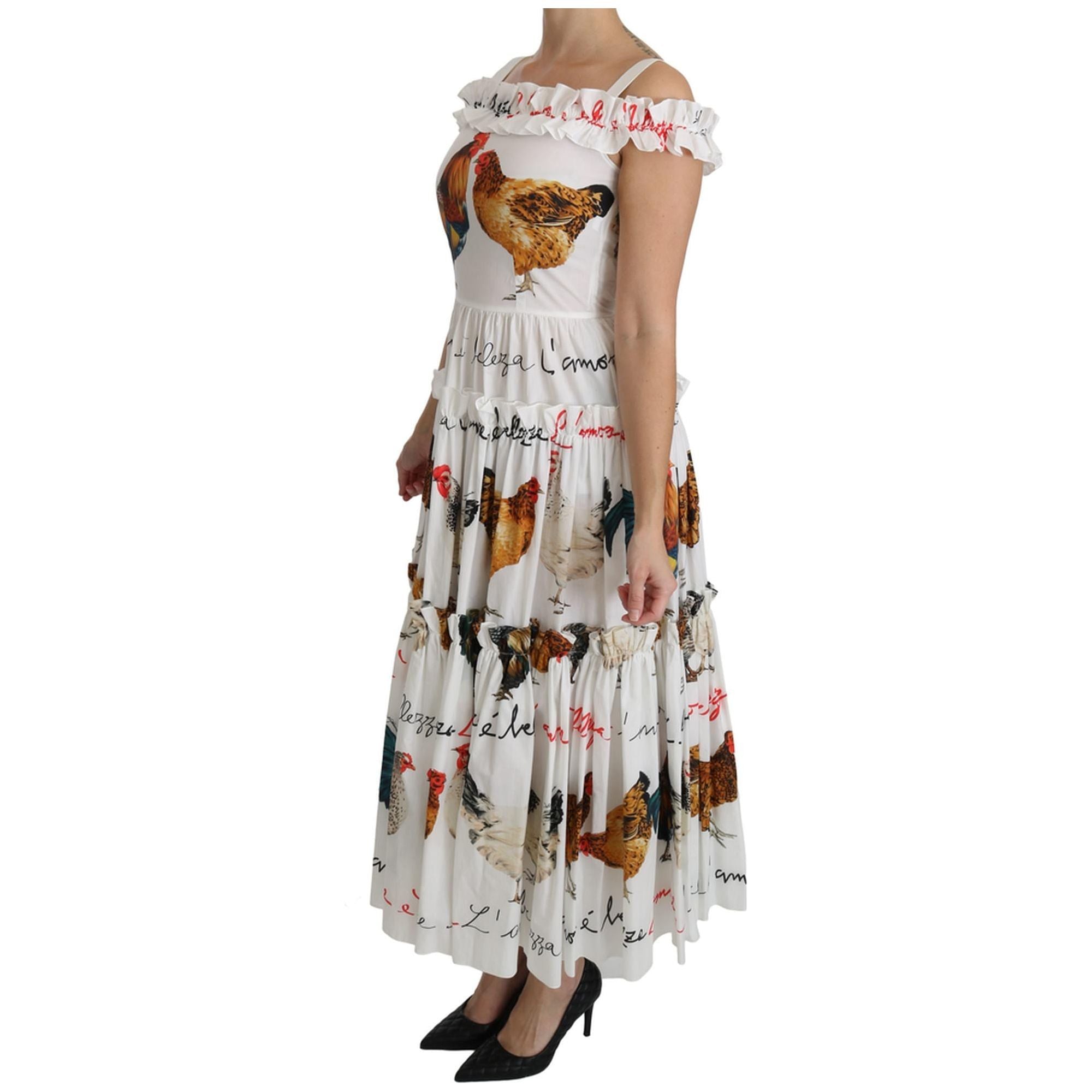 100% Authentic Dolce &amp; Gabbana Sheath Midi Dress with Rooster Print 38 IT Women