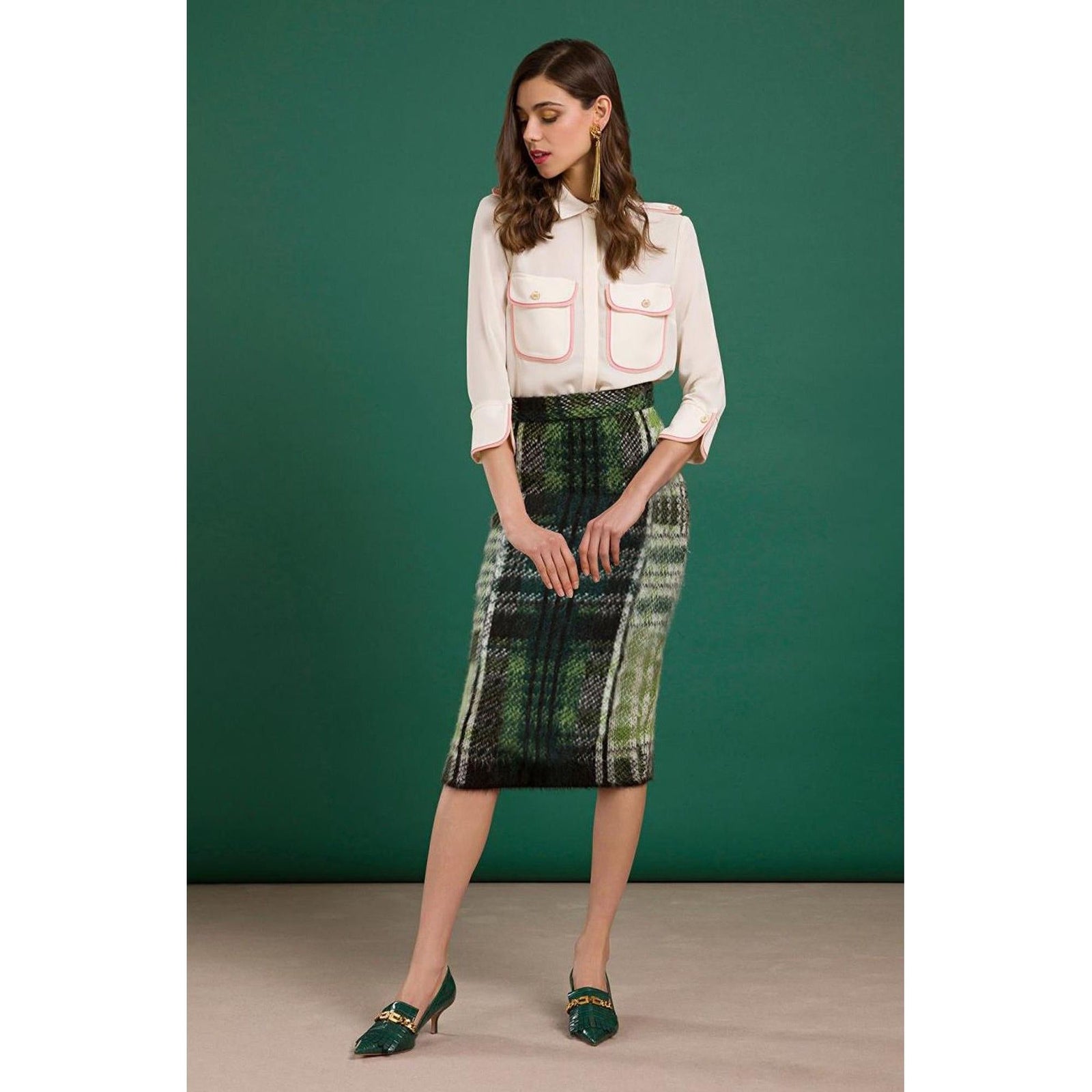 Wool Blend Knit Tartan Motif Skirt with Side Zip Closure 40 IT Women