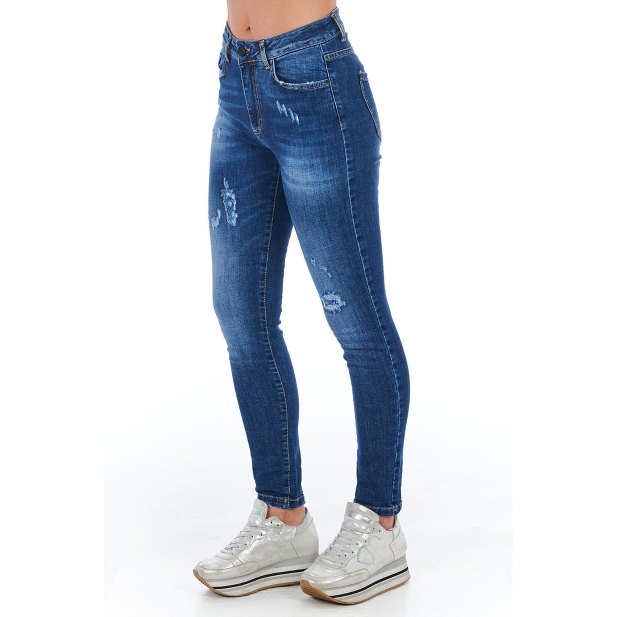 Worn Wash Denim Jeans with Multi-Pockets and Front Closure W27 US Women