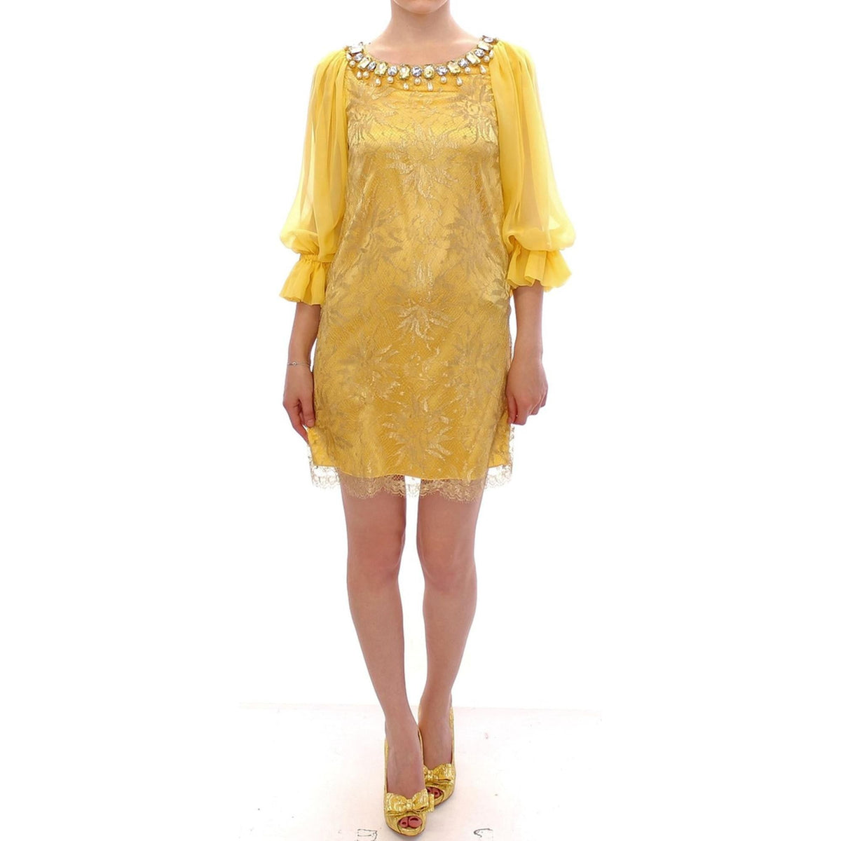 Yellow Lace Crystal Sheath Dress by Dolce &amp;amp; Gabbana 38 IT Women