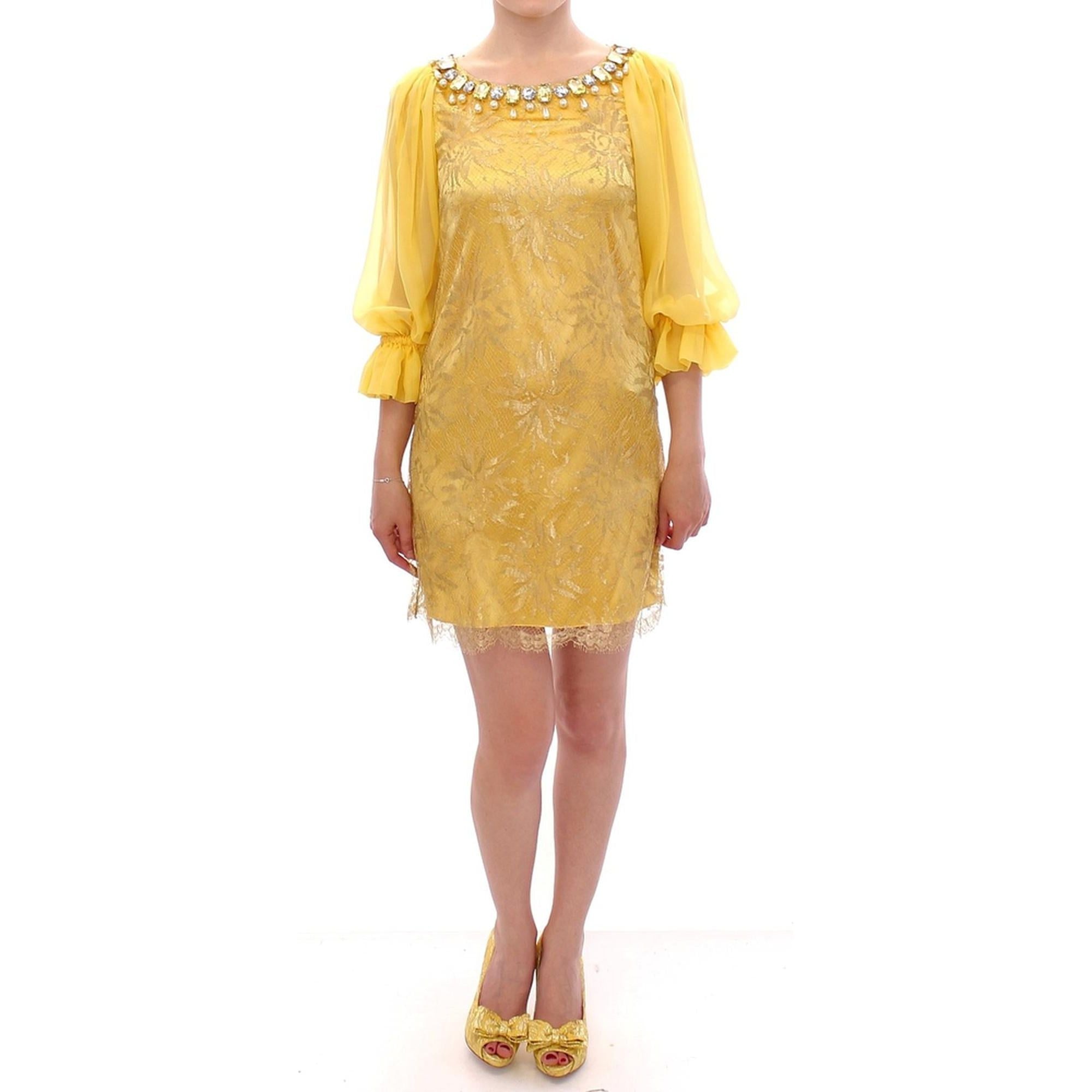 Yellow Lace Crystal Sheath Dress by Dolce &amp; Gabbana 38 IT Women