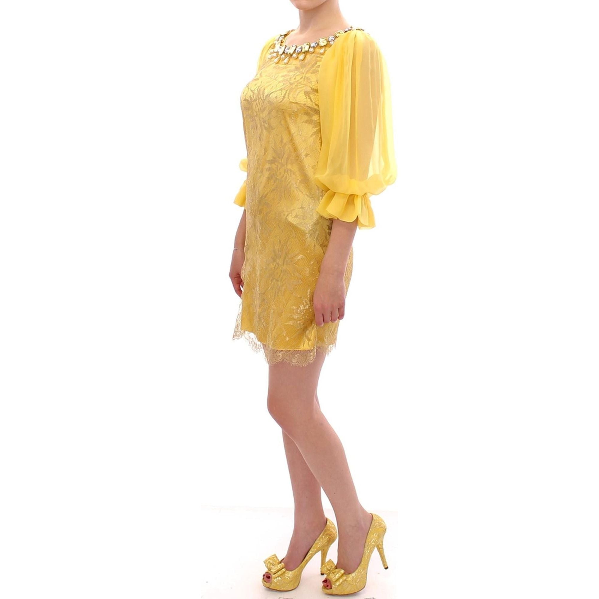 Yellow Lace Crystal Sheath Dress by Dolce &amp; Gabbana 38 IT Women