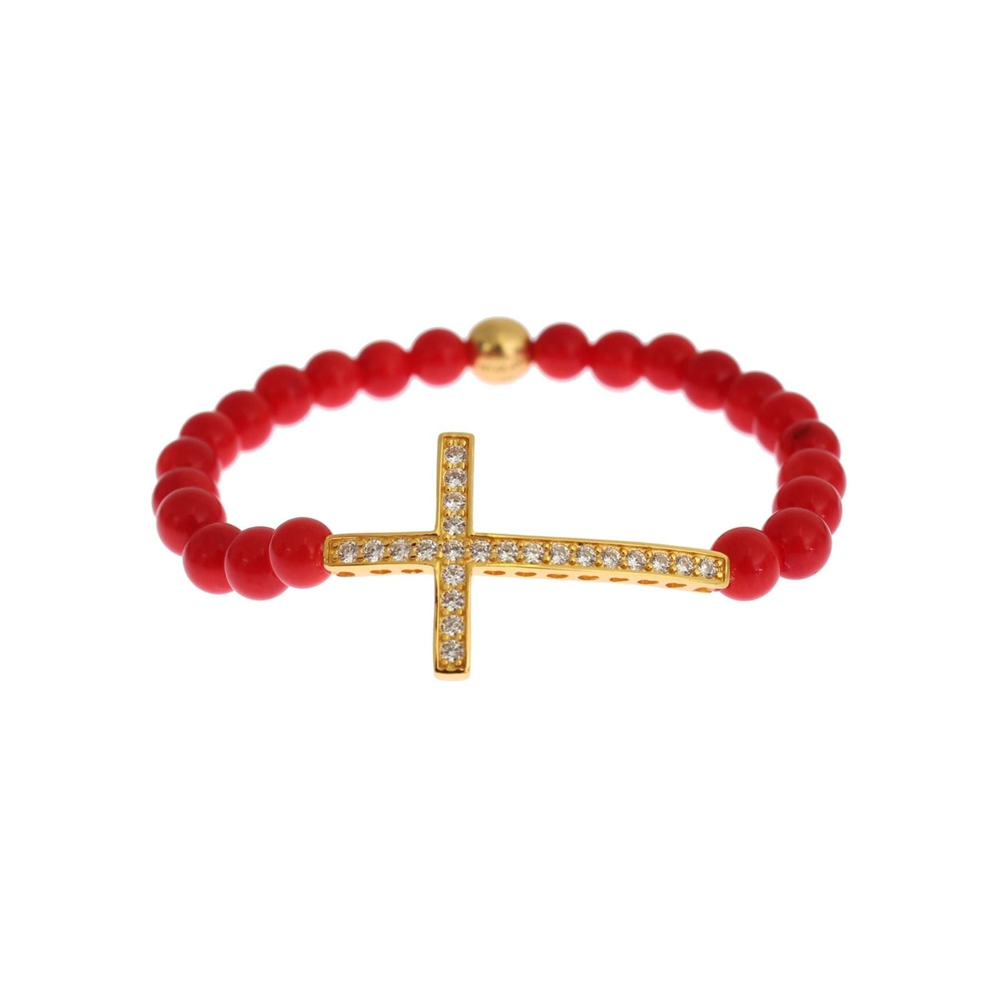 Authentic NIALAYA Gold Plated Silver Bracelet with Red Coral Beads and CZ Diamond Cross