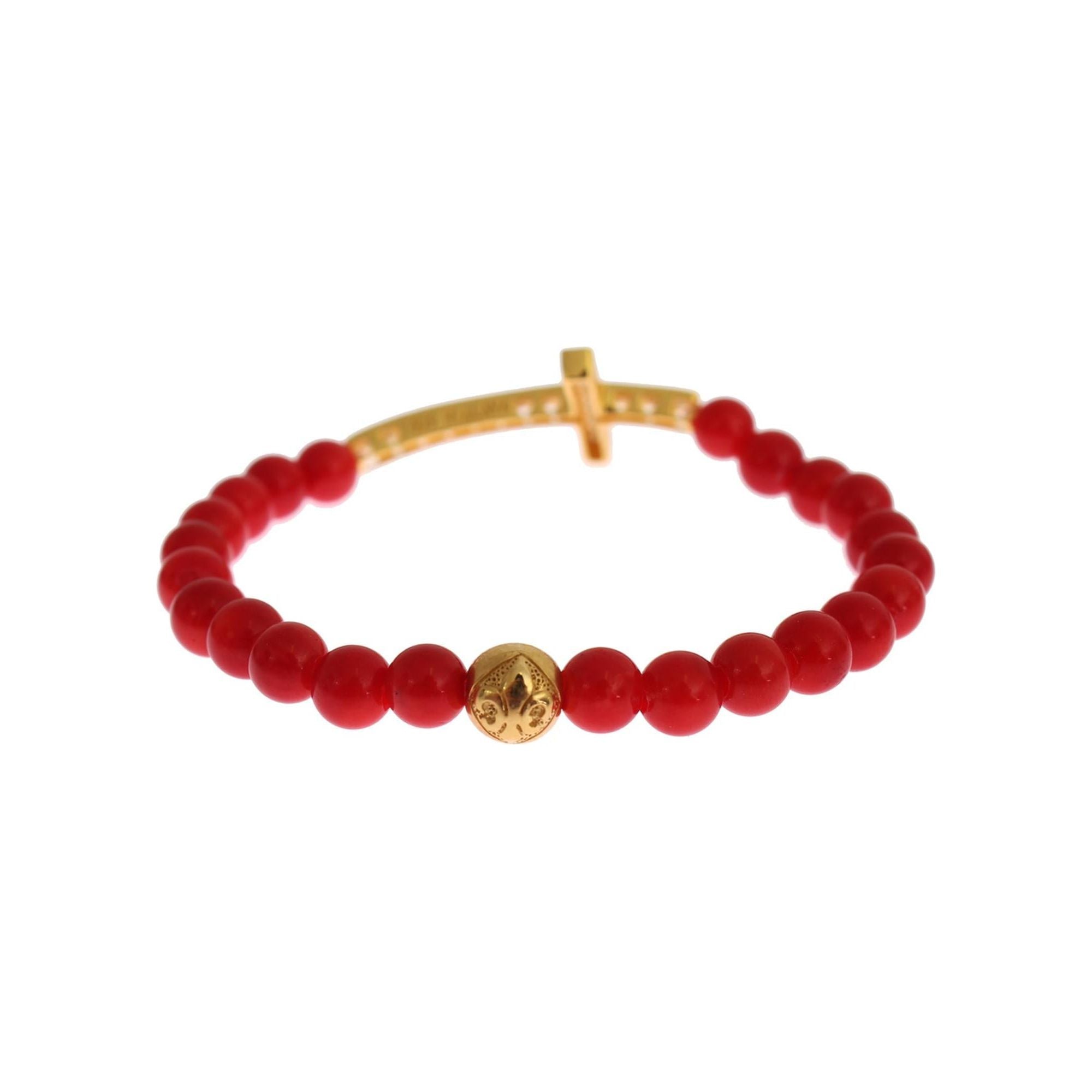 Authentic NIALAYA Gold Plated Silver Bracelet with Red Coral Beads and CZ Diamond Cross