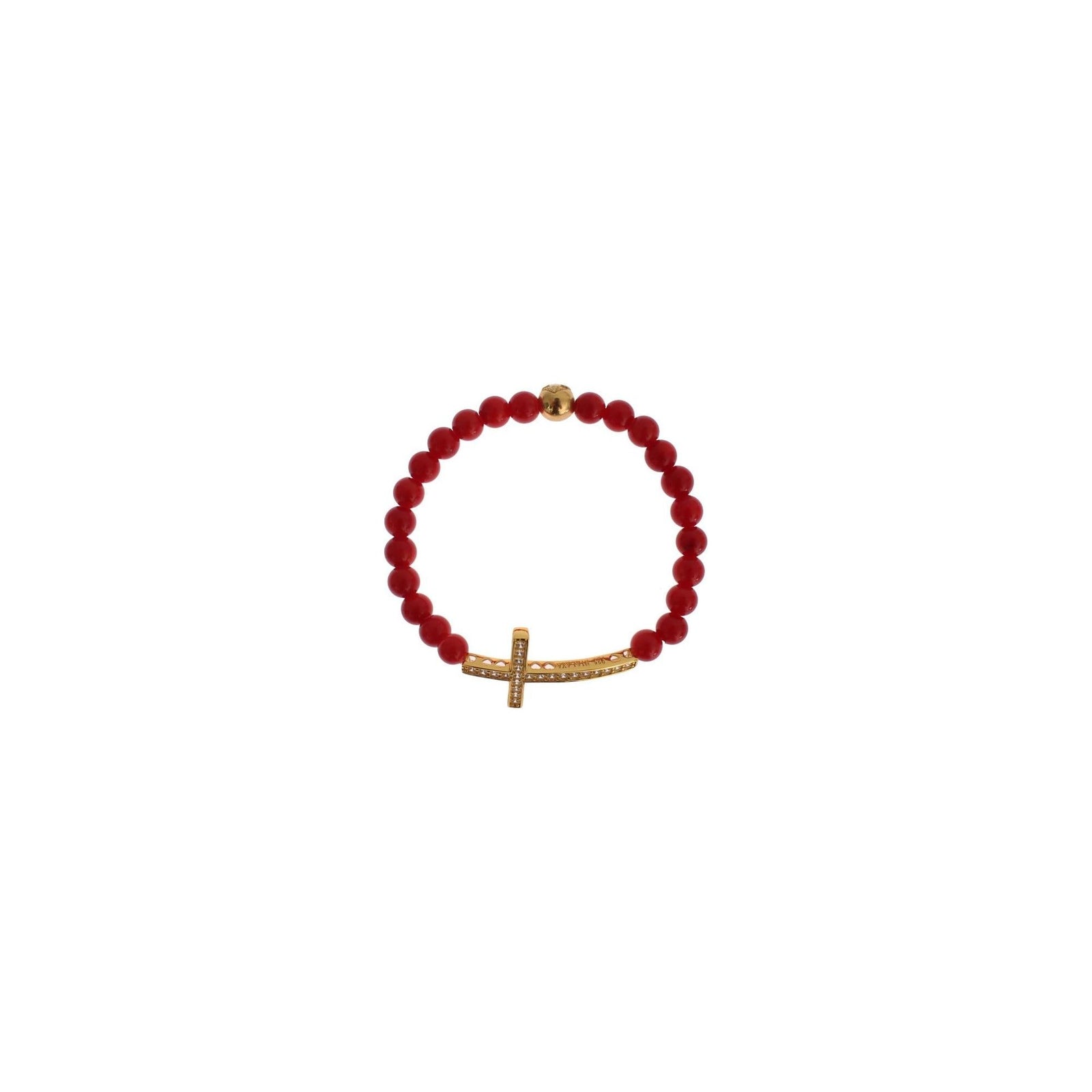 Authentic NIALAYA Gold Plated Silver Bracelet with Red Coral Beads and CZ Diamond Cross