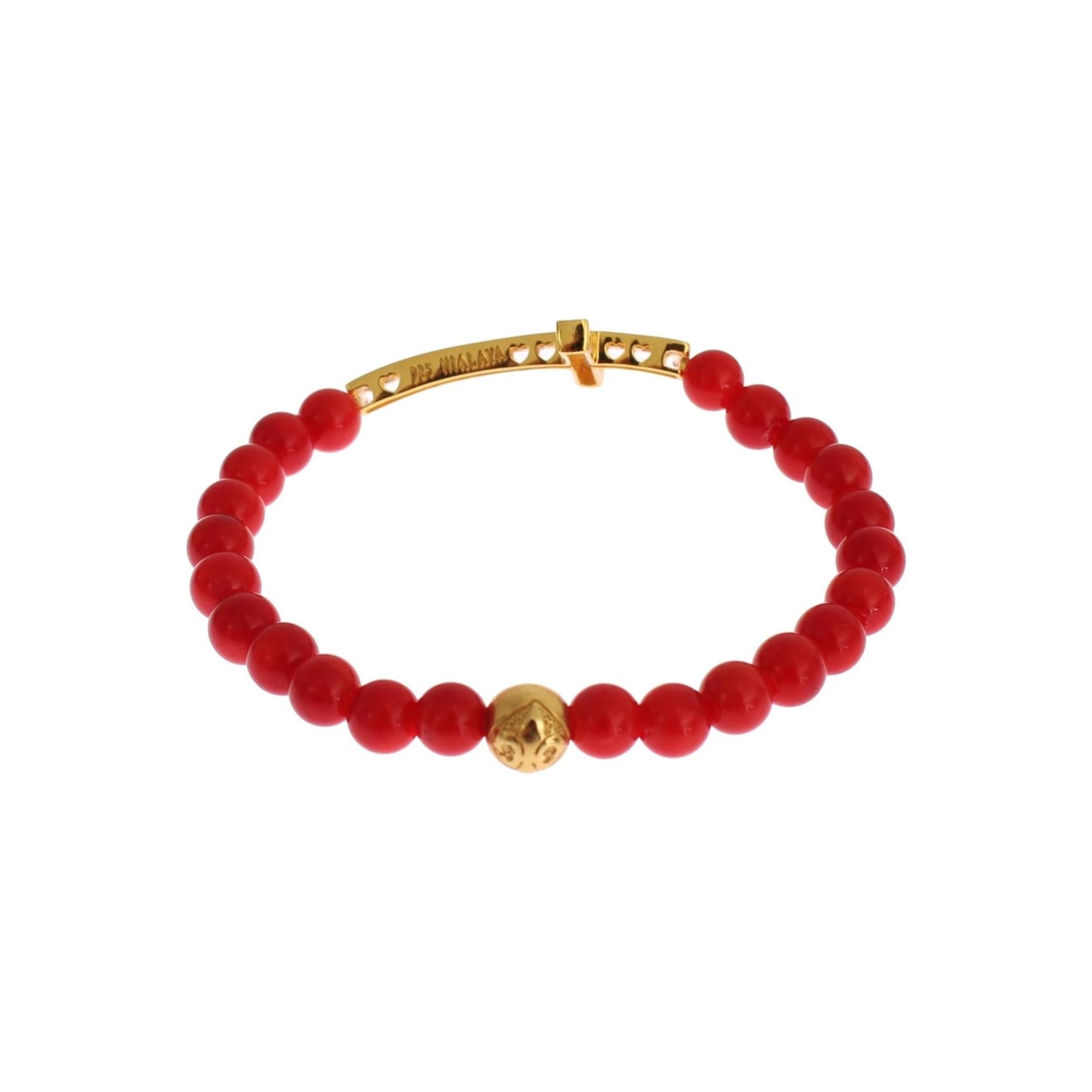 Authentic NIALAYA Gold Plated Silver Bracelet with Red Coral Beads and CZ Diamond Cross