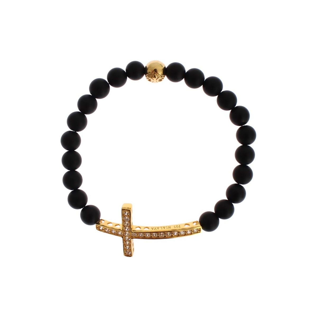 Authentic NIALAYA Bracelet with Matte Onyx Beads and CZ Diamond Cross XS Women