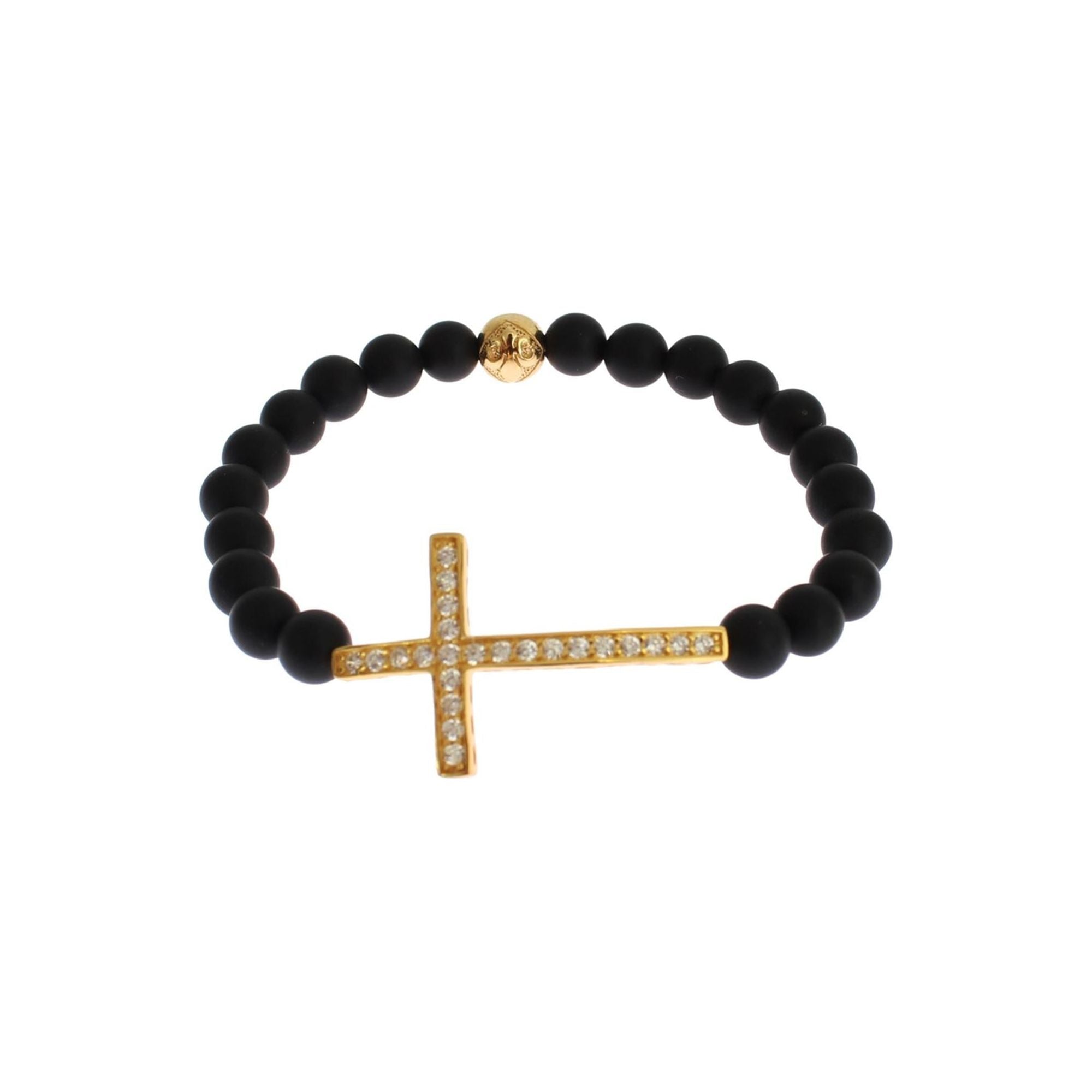 Authentic NIALAYA Bracelet with Matte Onyx Beads and CZ Diamond Cross XS Women