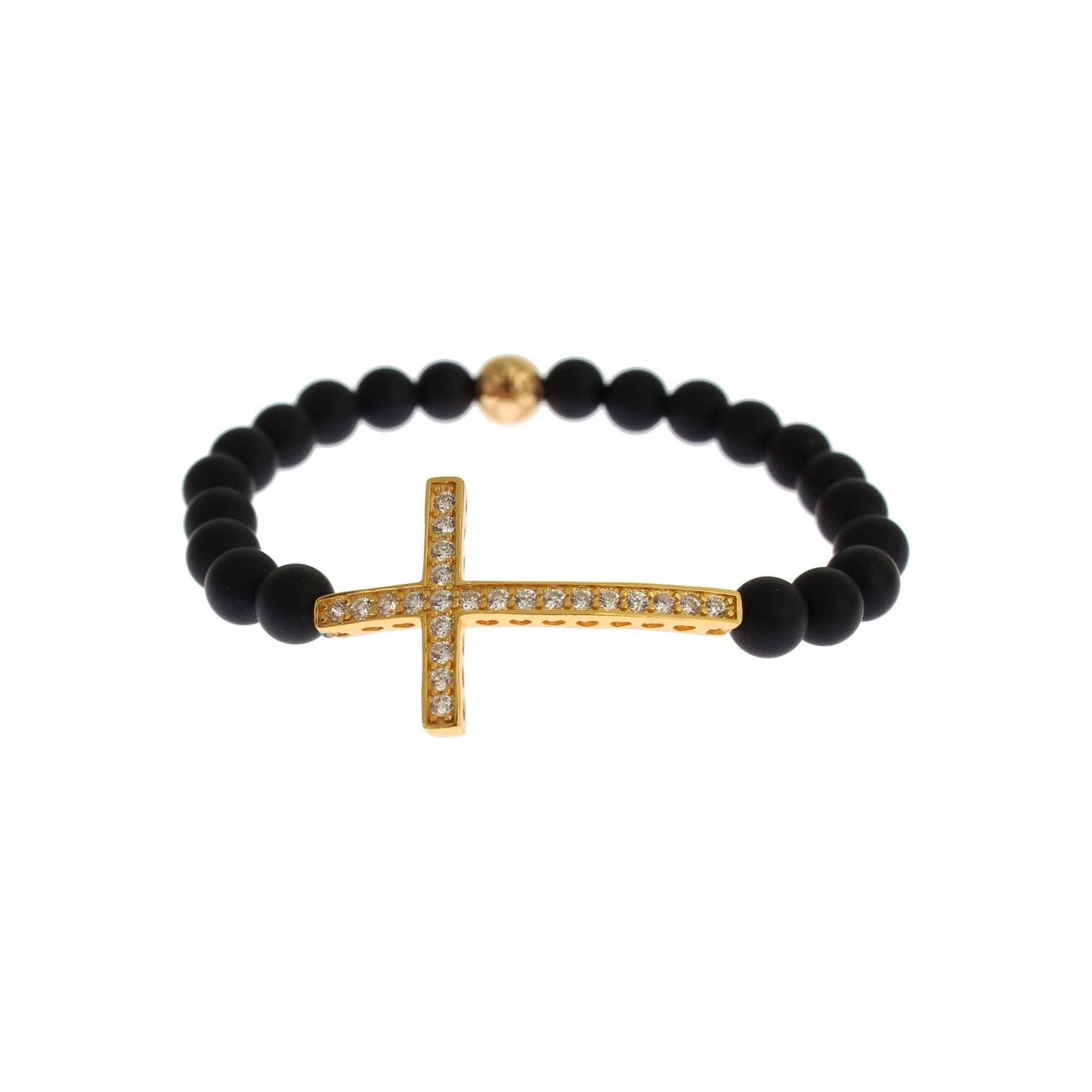 Authentic NIALAYA Bracelet with Matte Onyx Beads and CZ Diamond Cross XS Women