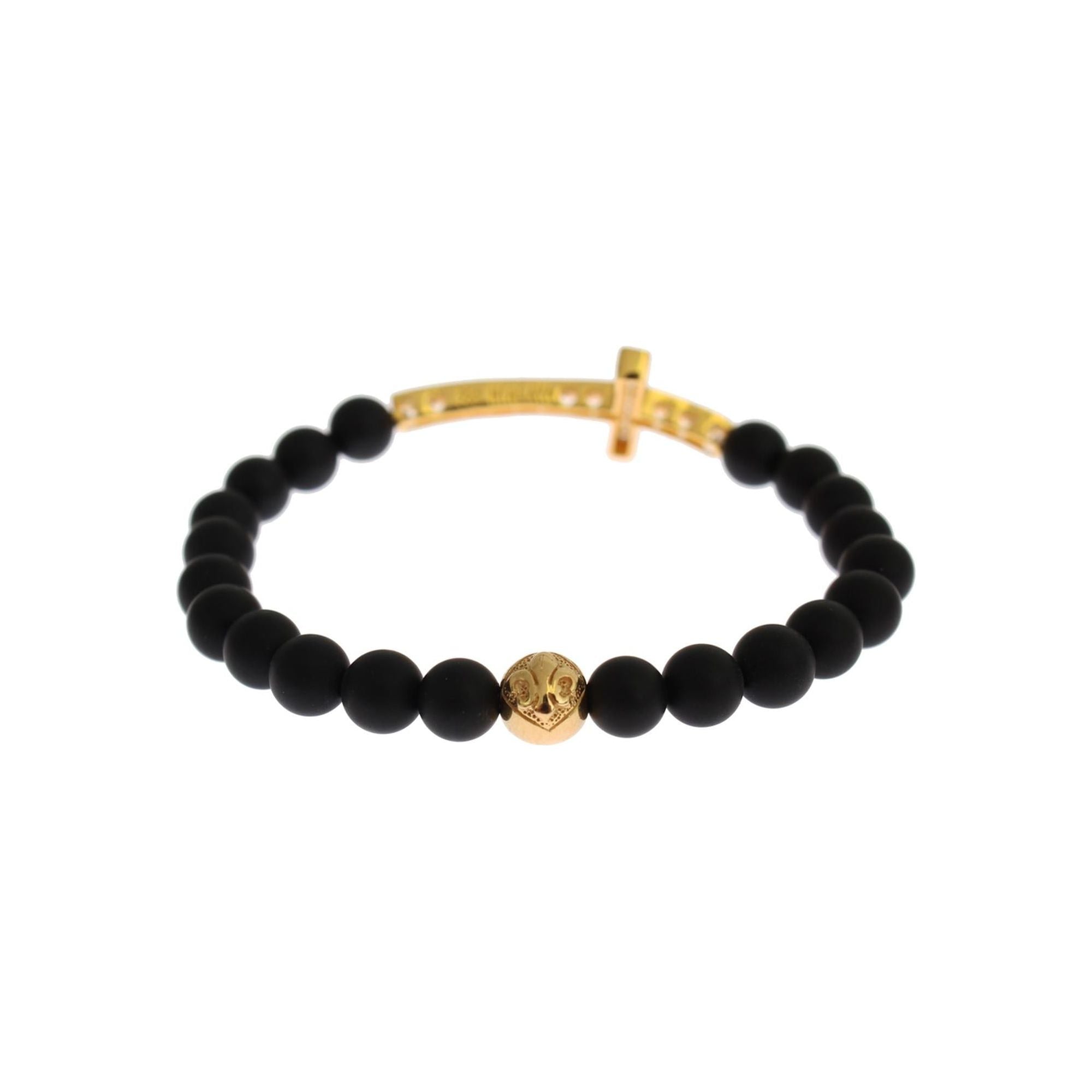 Authentic NIALAYA Bracelet with Matte Onyx Beads and CZ Diamond Cross XS Women