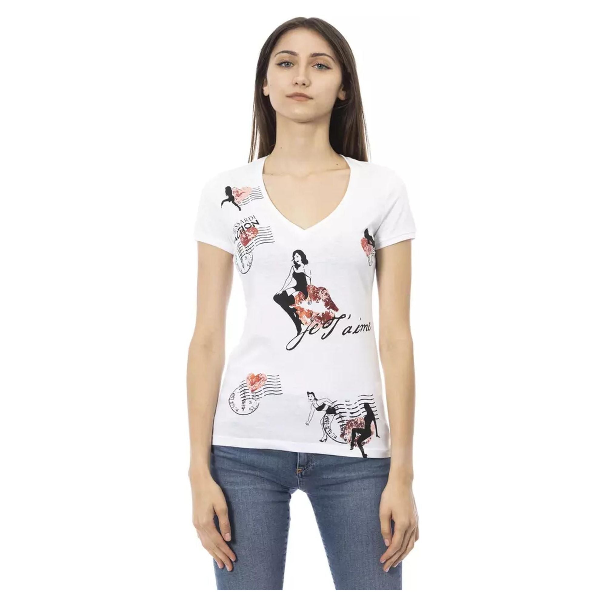 Short Sleeve V-Neck T-shirt with Front Print XL Women