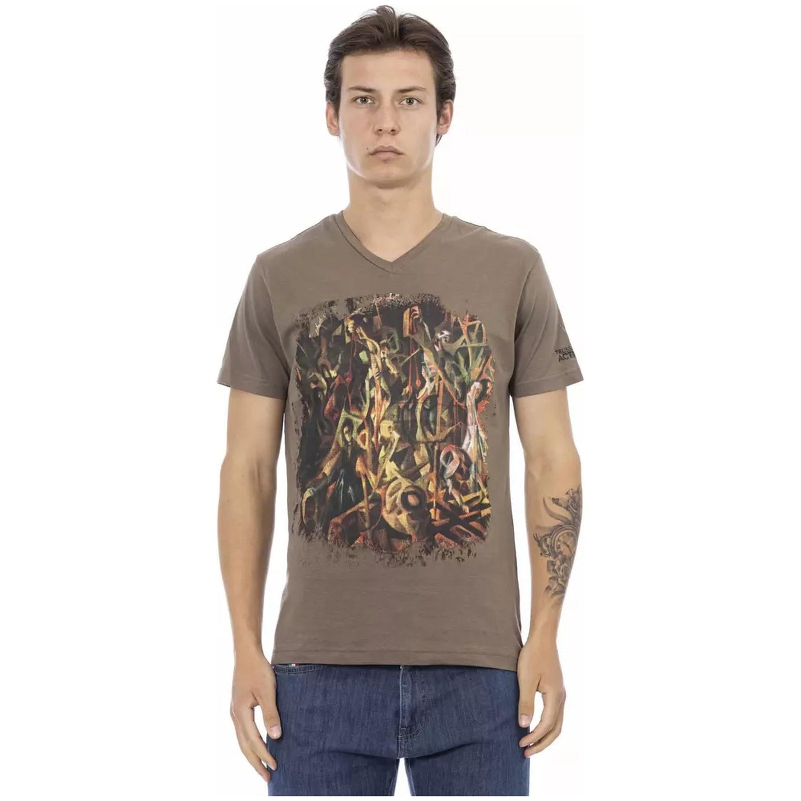 Short Sleeve V-Neck T-Shirt with Front Print S Men